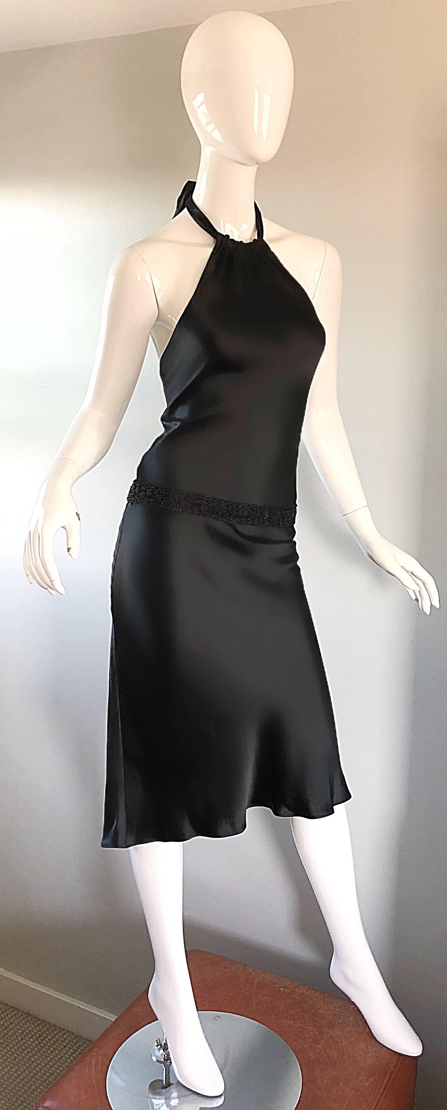 1990s Vera Wang Black Beaded Slinky Size 4 - 6 Vintage 90s Halter Dress In Excellent Condition In San Diego, CA