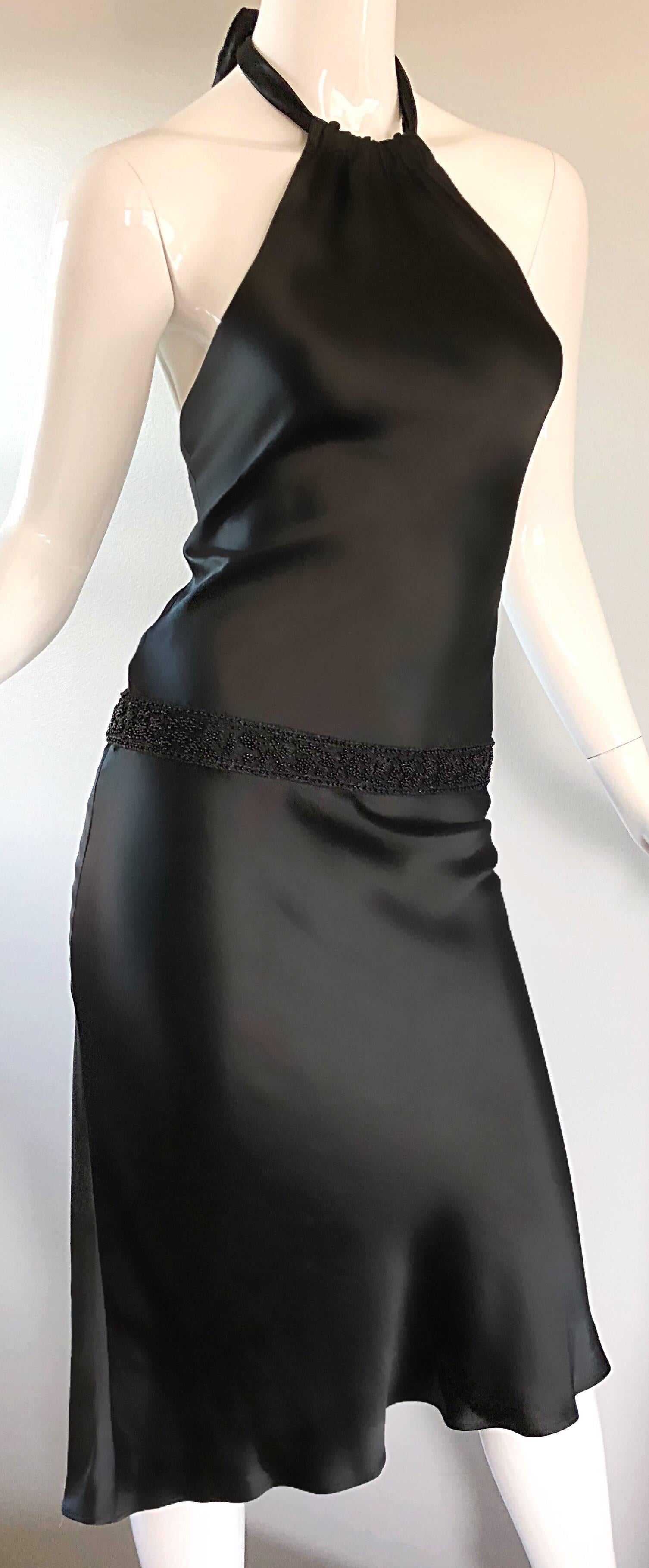 1990s Vera Wang Black Beaded Slinky Size 4 - 6 Vintage 90s Halter Dress 1