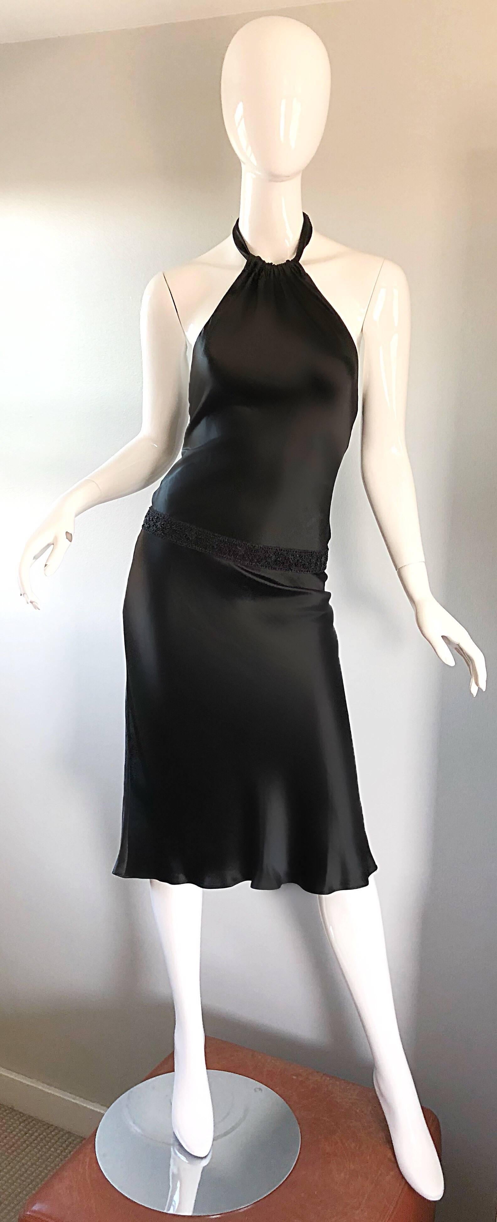 1990s Vera Wang Black Beaded Slinky Size 4 - 6 Vintage 90s Halter Dress 2