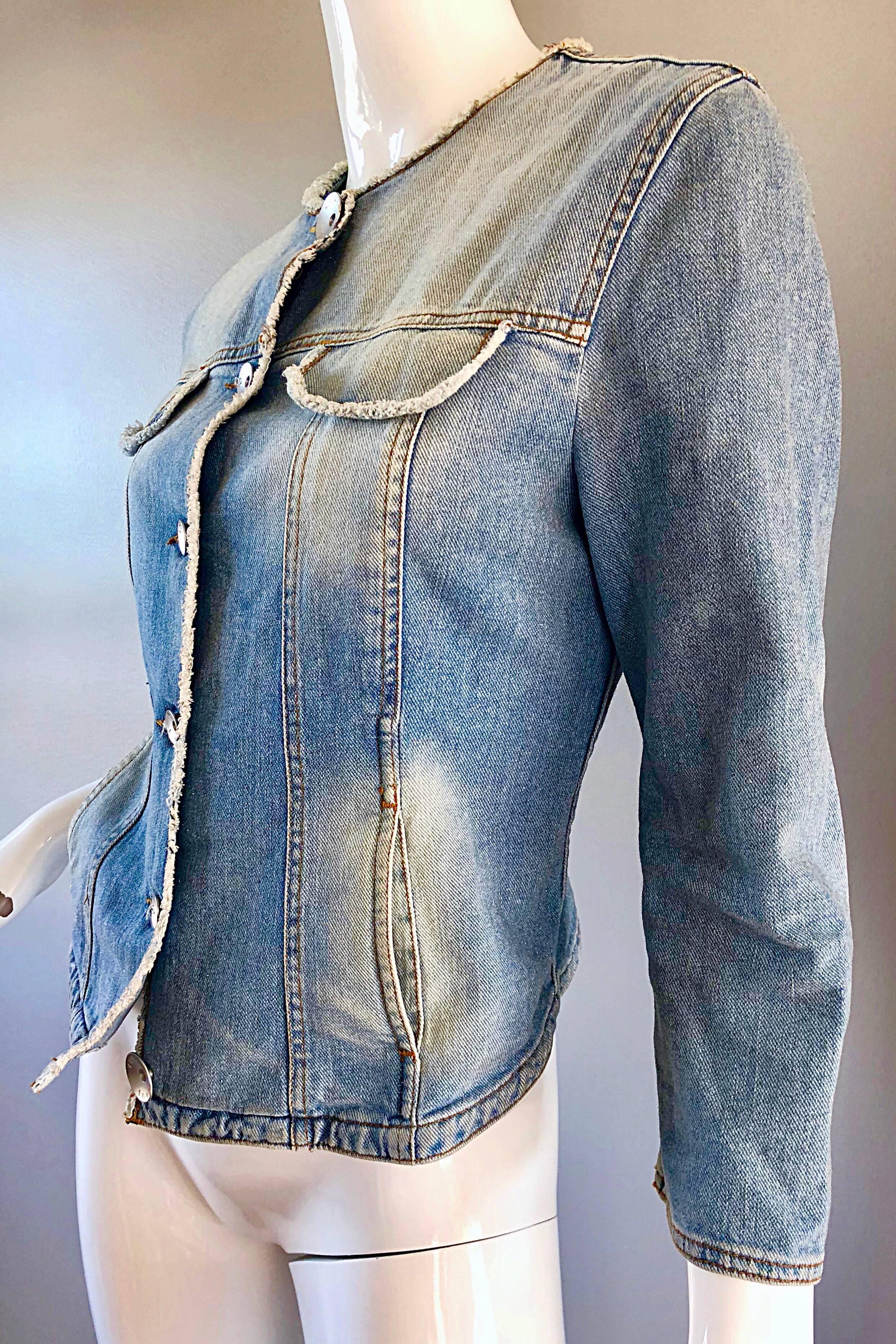 Gris Krizia Vintage - Taille 8 / 10 - Veste de motard en jean bleu clair pailleté des années 1990 en vente