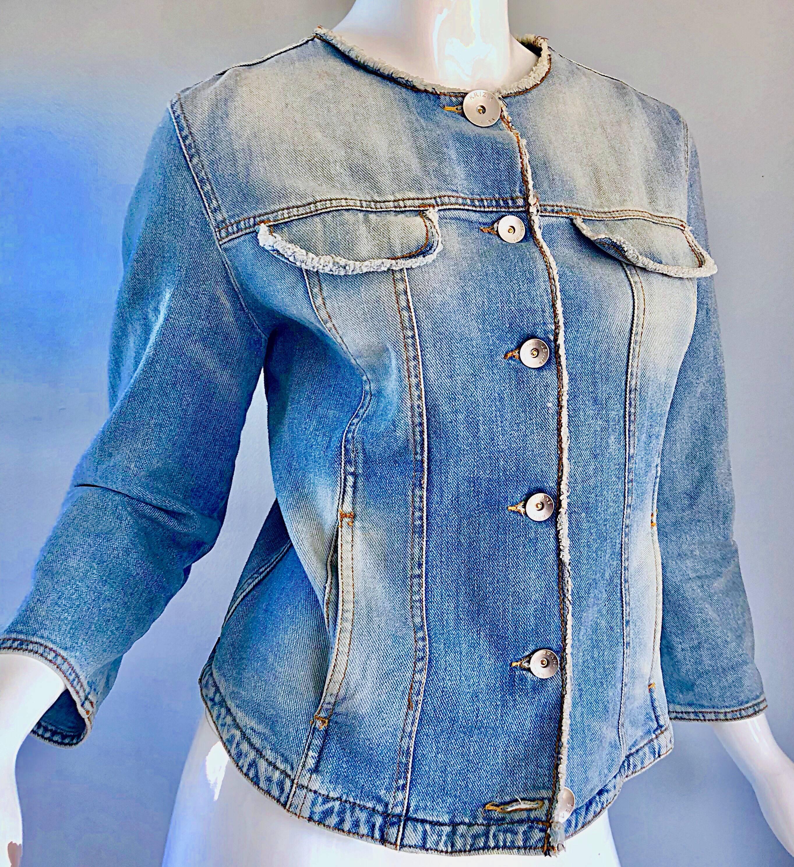 1990er Krizia Vintage Größe 8 / 10 Hellblaue Jean Denim Glitter Moto Biker Jacke Damen im Angebot