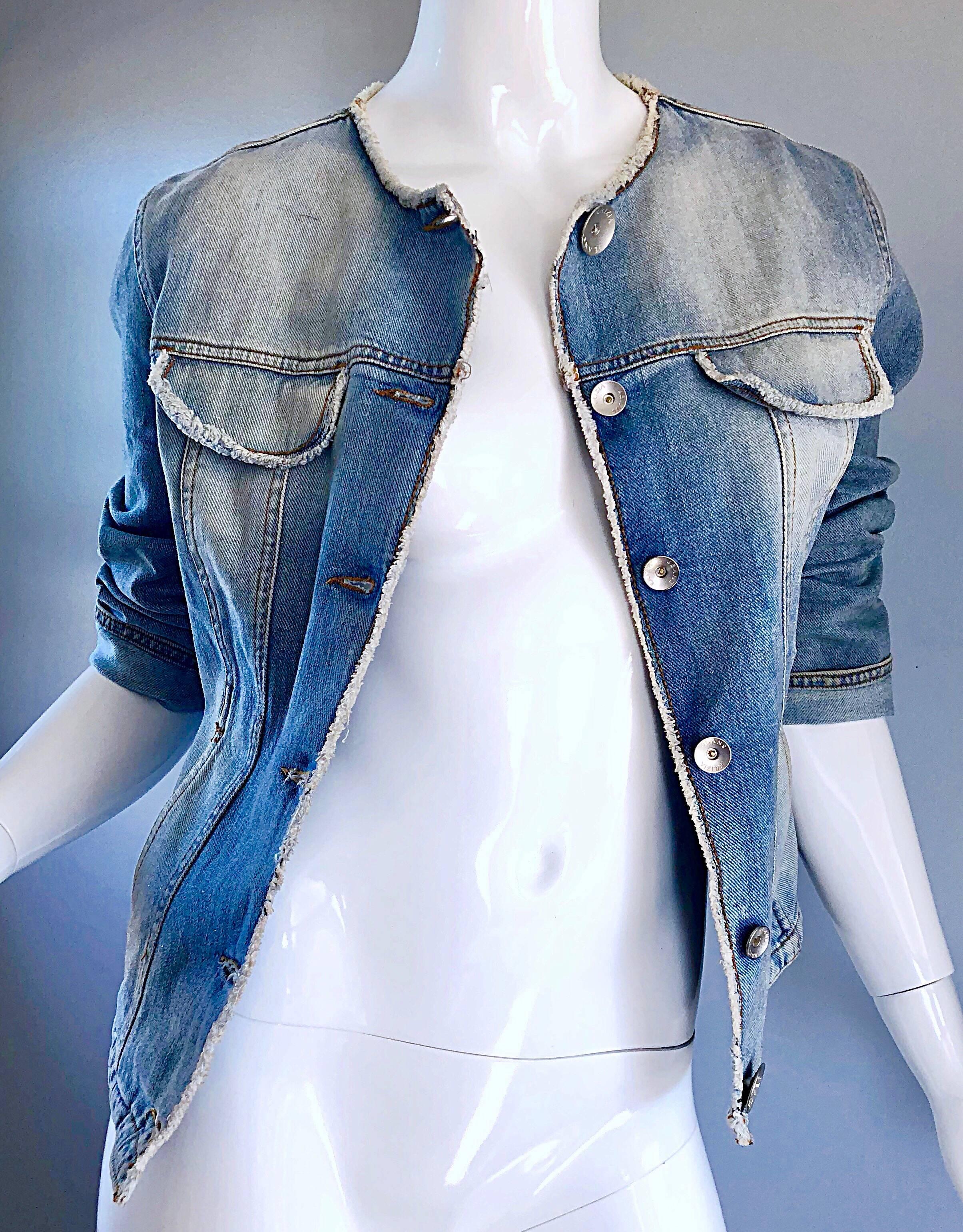 Gray 1990s Krizia Vintage Size 8 / 10 Light Blue Jean Denim Glitter Moto Biker Jacket For Sale