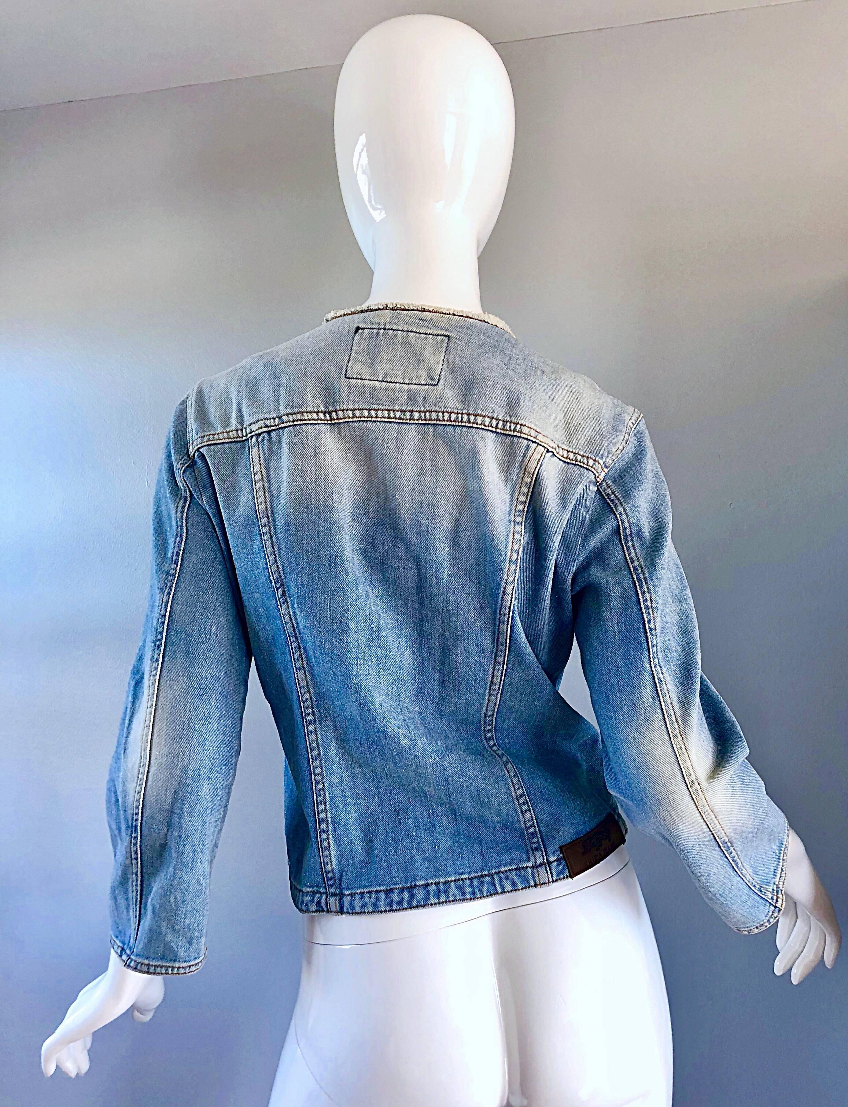 Women's 1990s Krizia Vintage Size 8 / 10 Light Blue Jean Denim Glitter Moto Biker Jacket For Sale