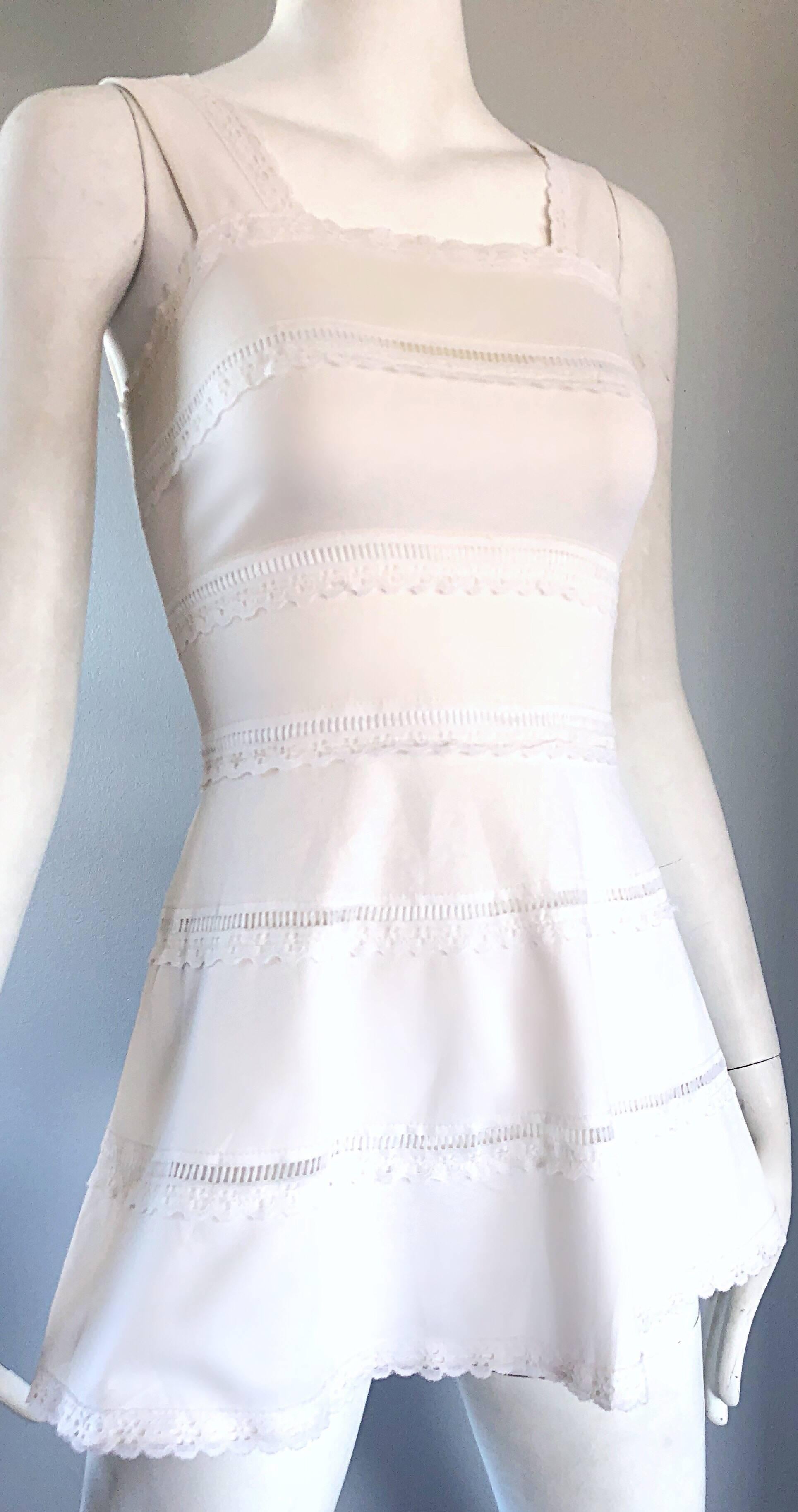 Women's 1960s White Knit Lace Cut Out A Line Vintage Mod Tunic 60s Mini Dress