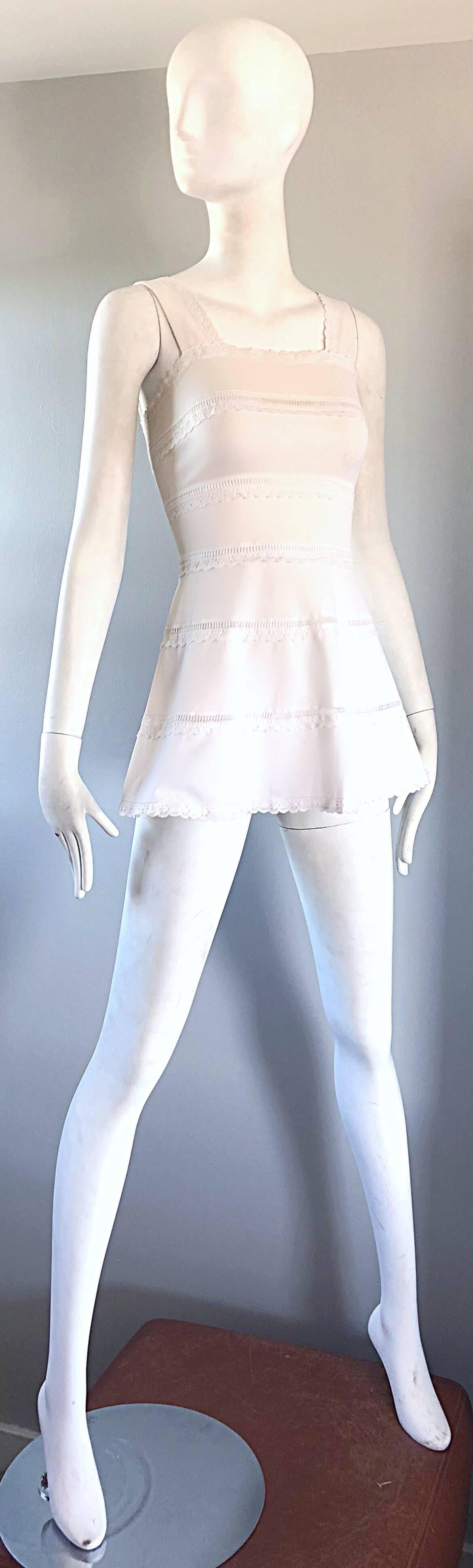 1960s White Knit Lace Cut Out A Line Vintage Mod Tunic 60s Mini Dress 1