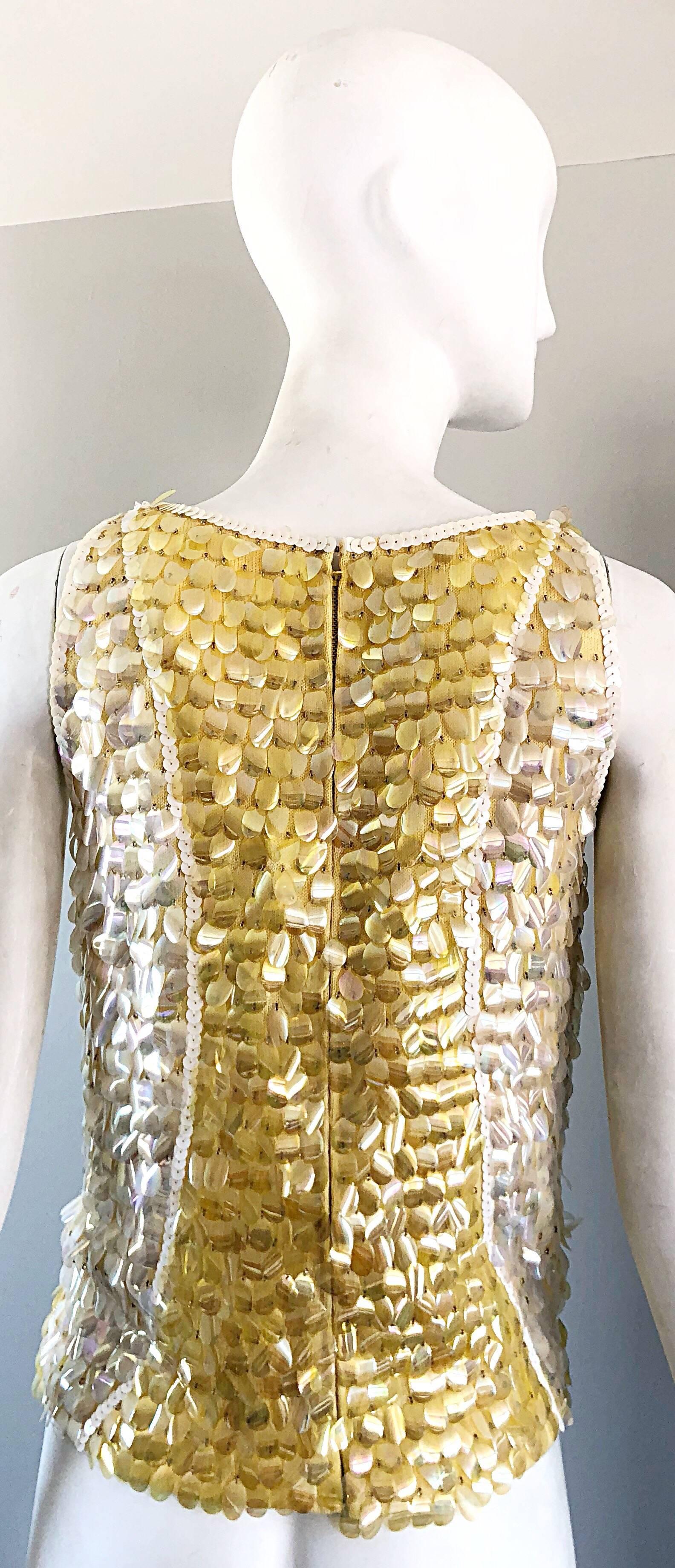 Brown 1960s Yellow + White + Clear Paillettes Sequined Lamb's Wool Sleeveless 60s Top For Sale