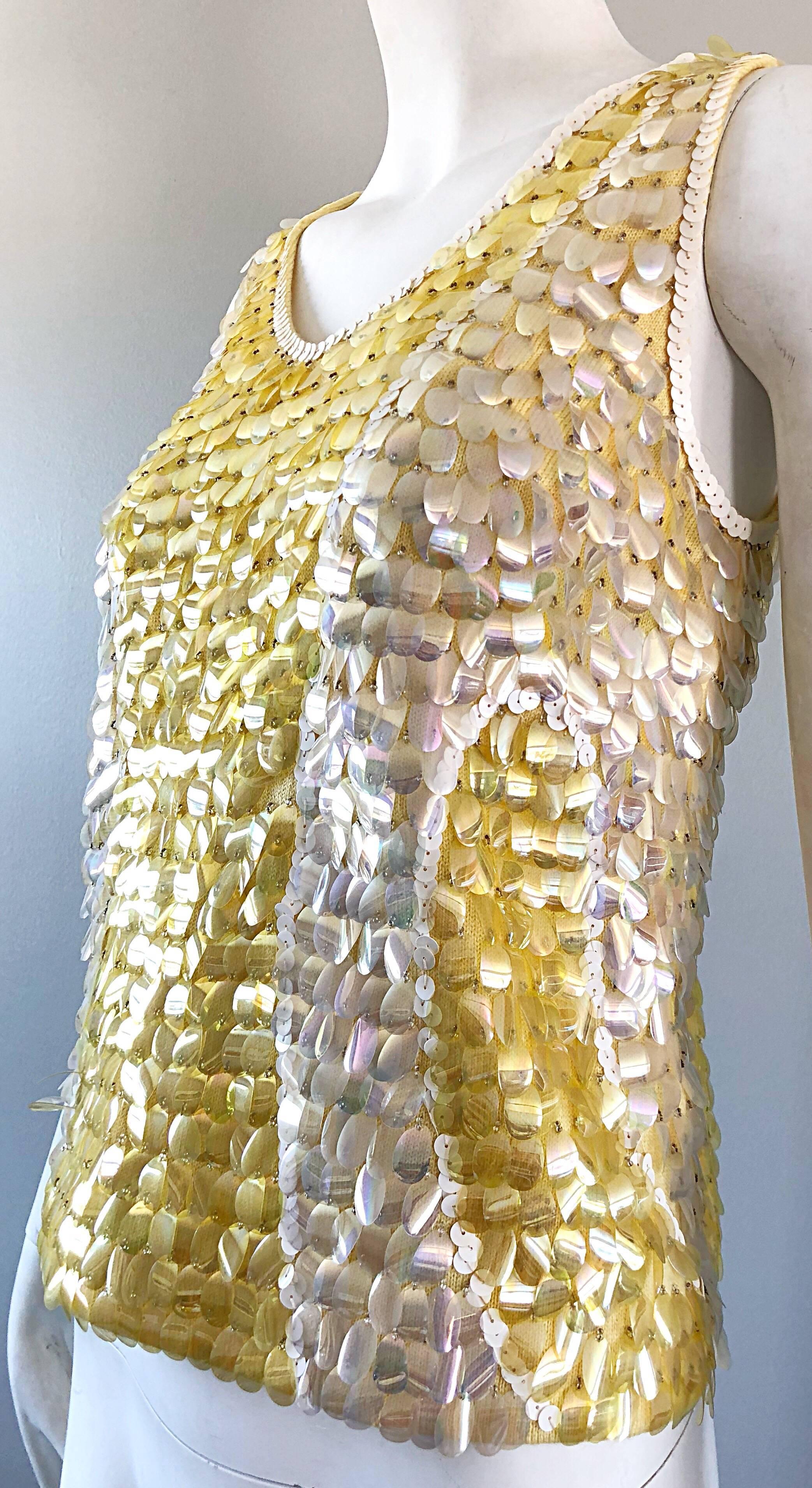Women's 1960s Yellow + White + Clear Paillettes Sequined Lamb's Wool Sleeveless 60s Top For Sale