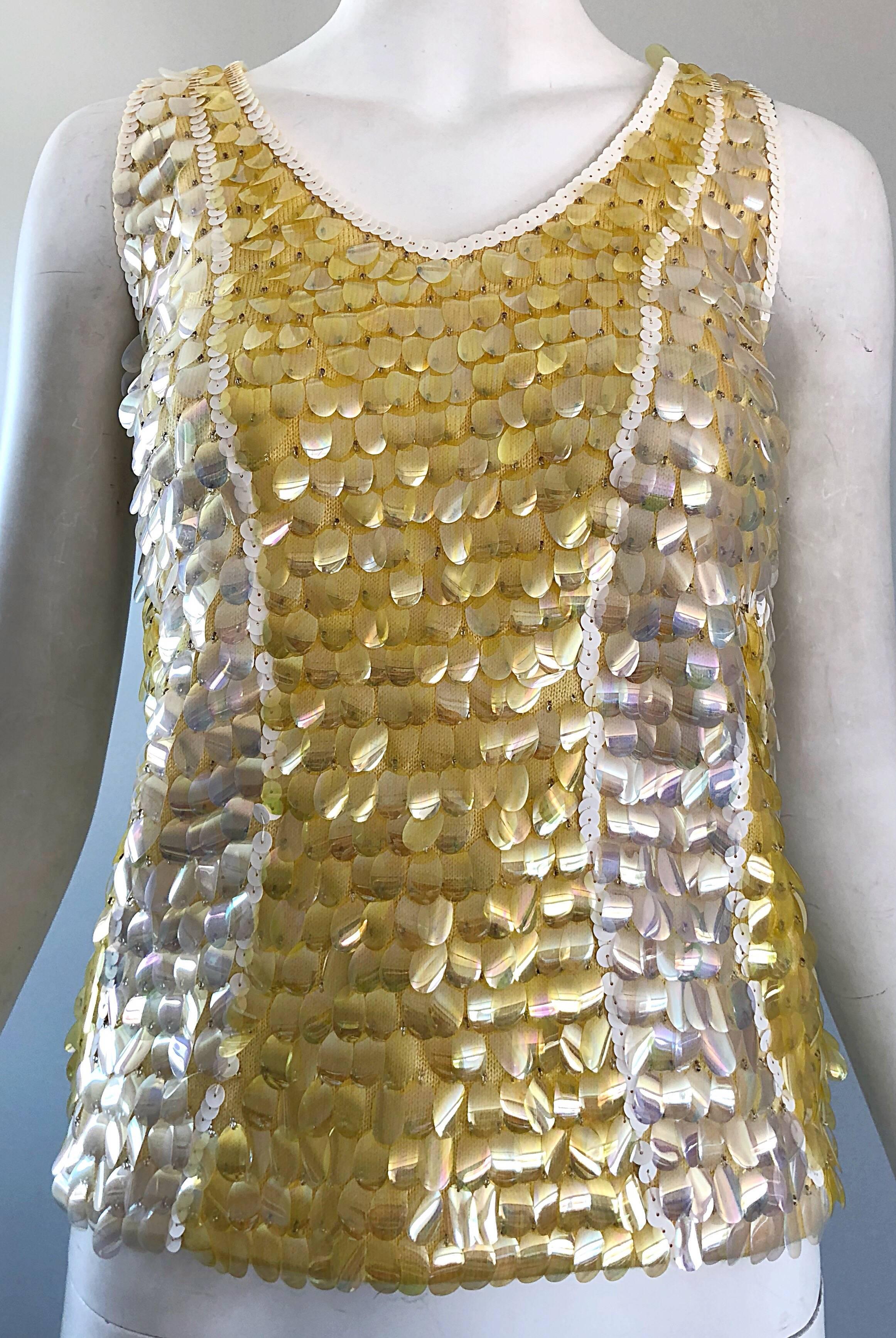 1960s Yellow + White + Clear Paillettes Sequined Lamb's Wool Sleeveless 60s Top For Sale 1