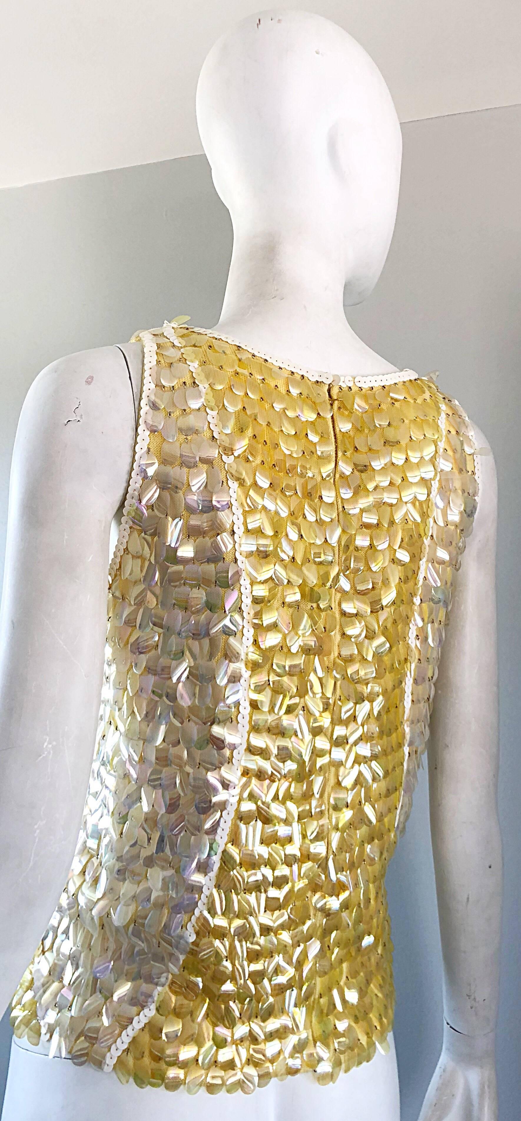 1960s Yellow + White + Clear Paillettes Sequined Lamb's Wool Sleeveless 60s Top For Sale 2