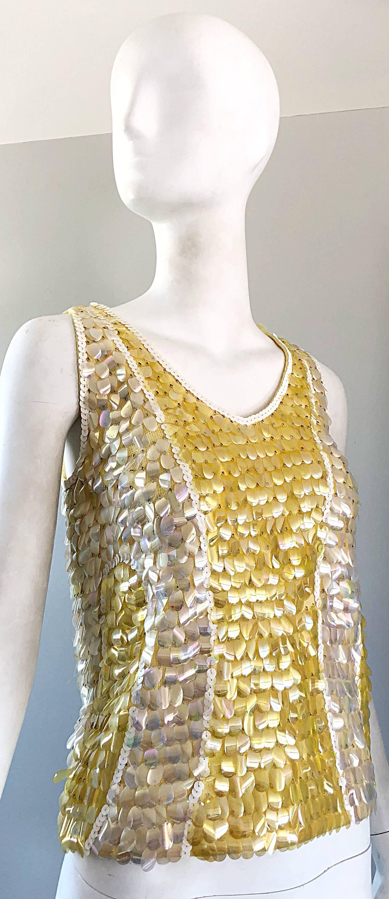 1960s Yellow + White + Clear Paillettes Sequined Lamb's Wool Sleeveless 60s Top For Sale 3