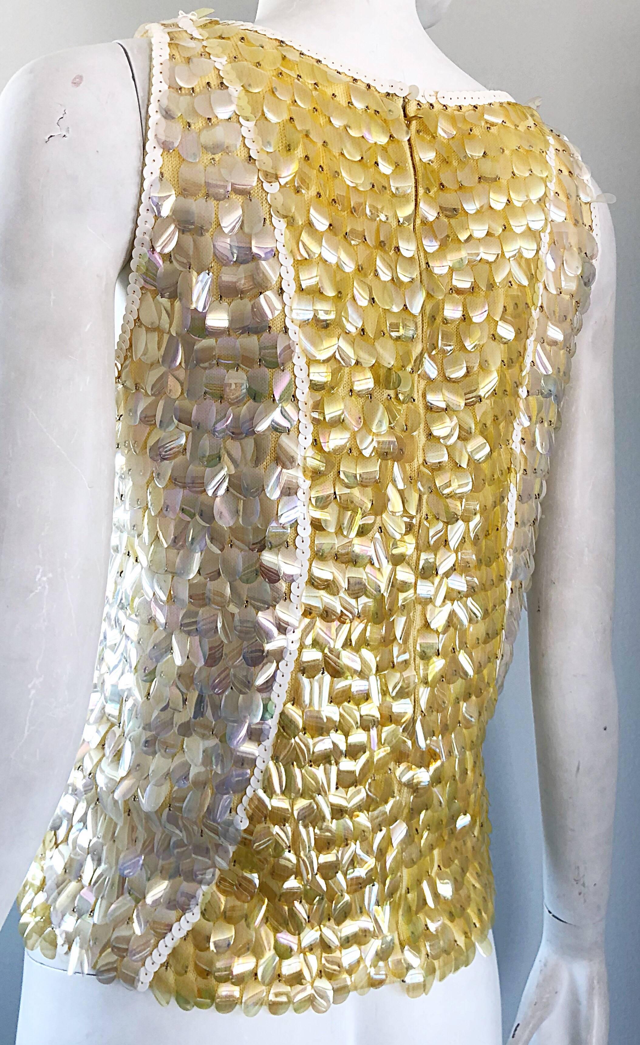 1960s Yellow + White + Clear Paillettes Sequined Lamb's Wool Sleeveless 60s Top For Sale 4