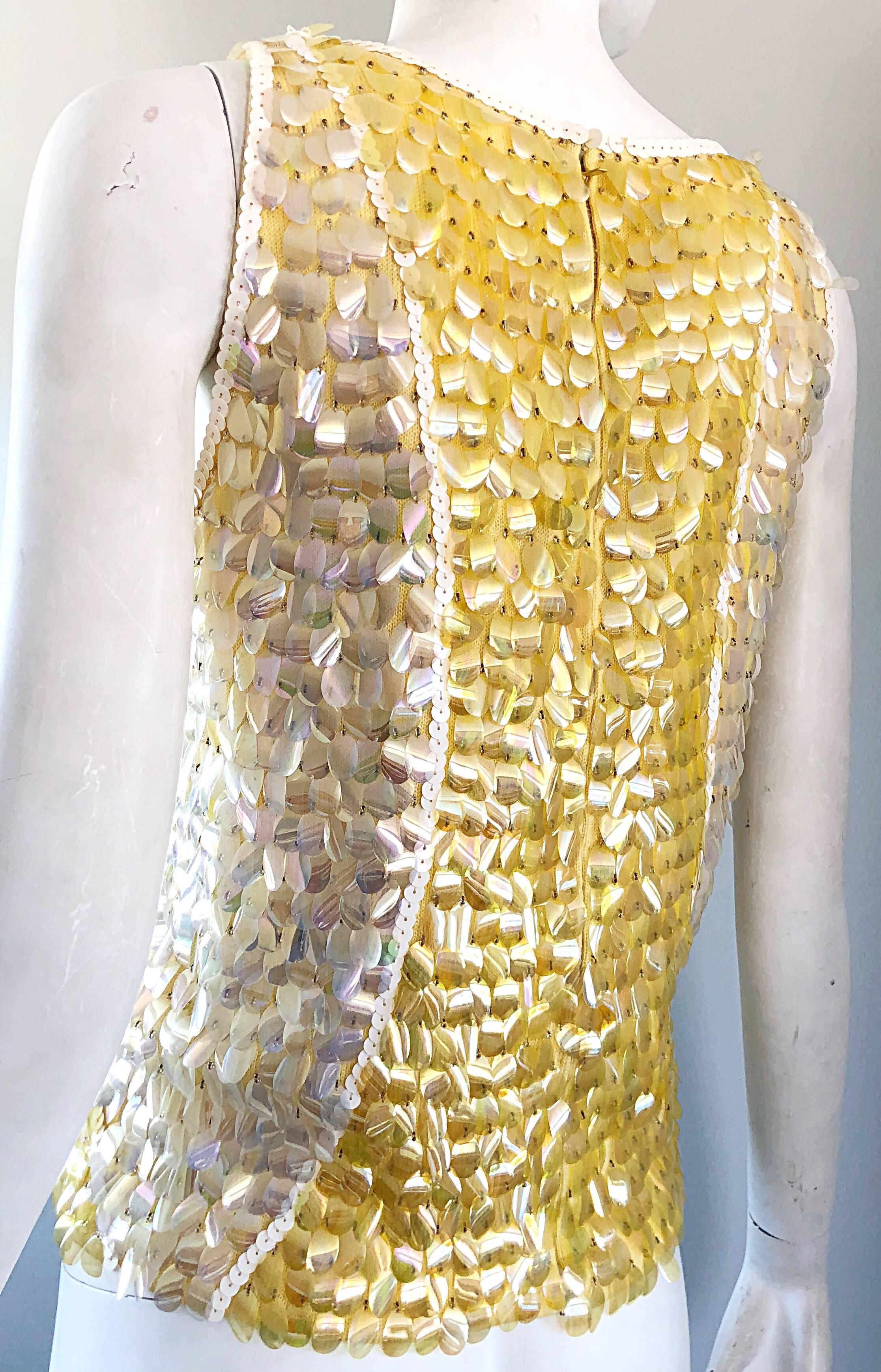 1960s Yellow + White + Clear Paillettes Sequined Lamb's Wool Sleeveless 60s Top For Sale 5