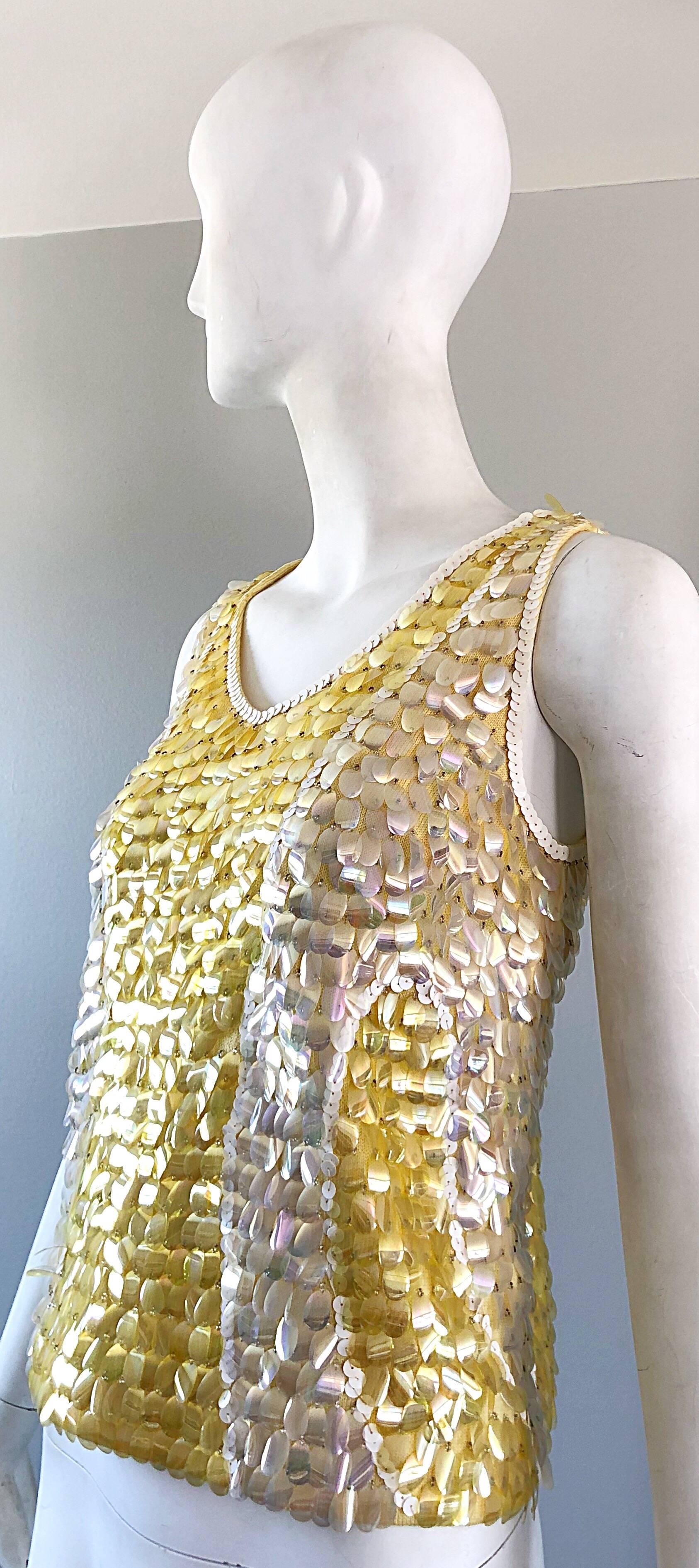 1960s Yellow + White + Clear Paillettes Sequined Lamb's Wool Sleeveless 60s Top For Sale 6