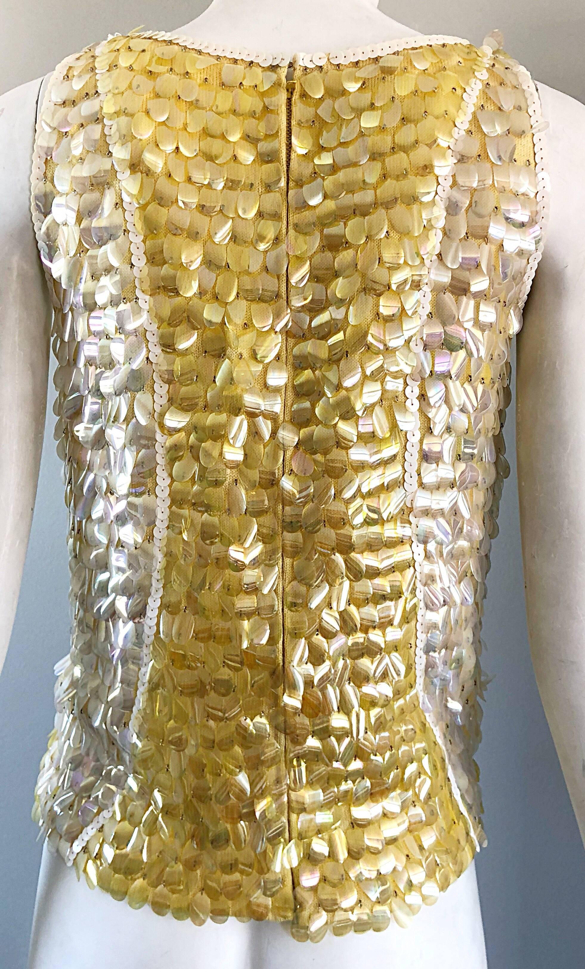 1960s Yellow + White + Clear Paillettes Sequined Lamb's Wool Sleeveless 60s Top For Sale 7