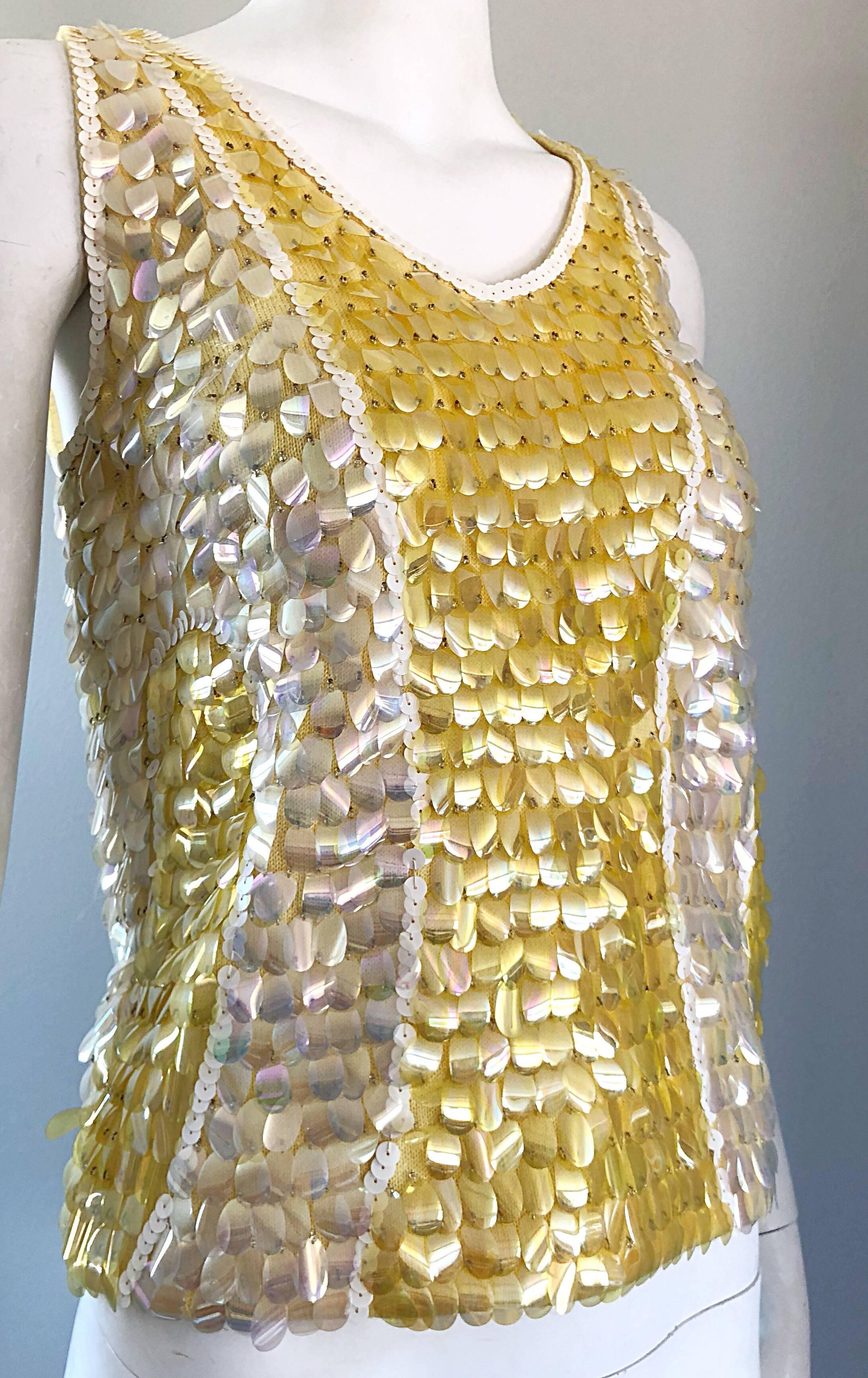 1960s Yellow + White + Clear Paillettes Sequined Lamb's Wool Sleeveless 60s Top For Sale 8