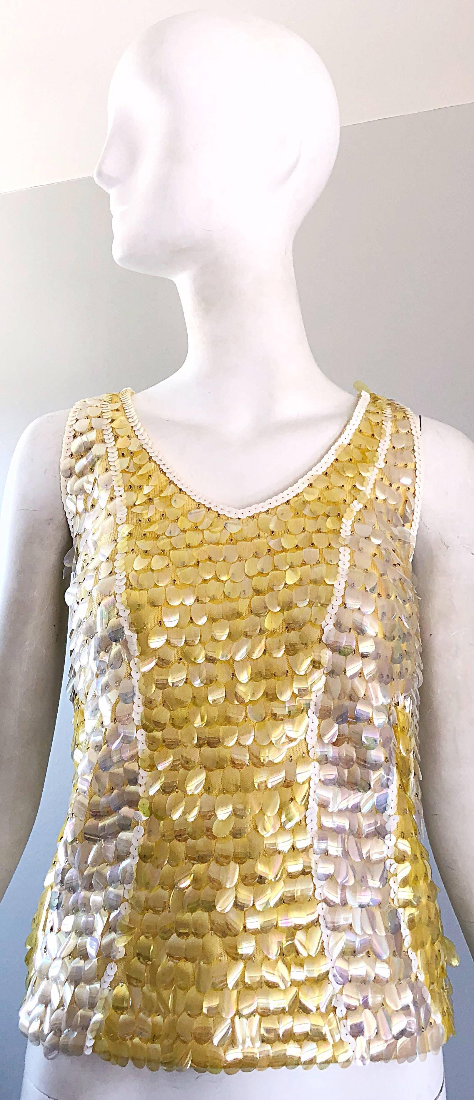 1960s Yellow + White + Clear Paillettes Sequined Lamb's Wool Sleeveless 60s Top For Sale 9