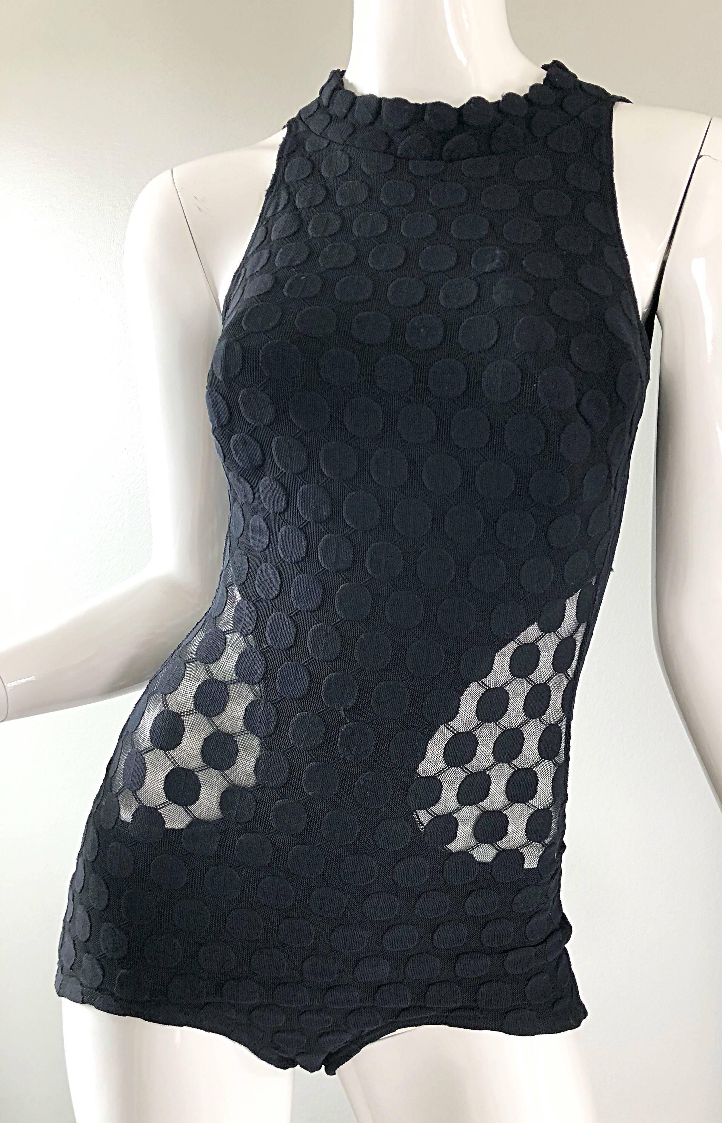 1960s Gottex Black Sheer Cut - Out Sexy One Piece 60s Vintage Swimsuit Bodysuit In Excellent Condition For Sale In San Diego, CA