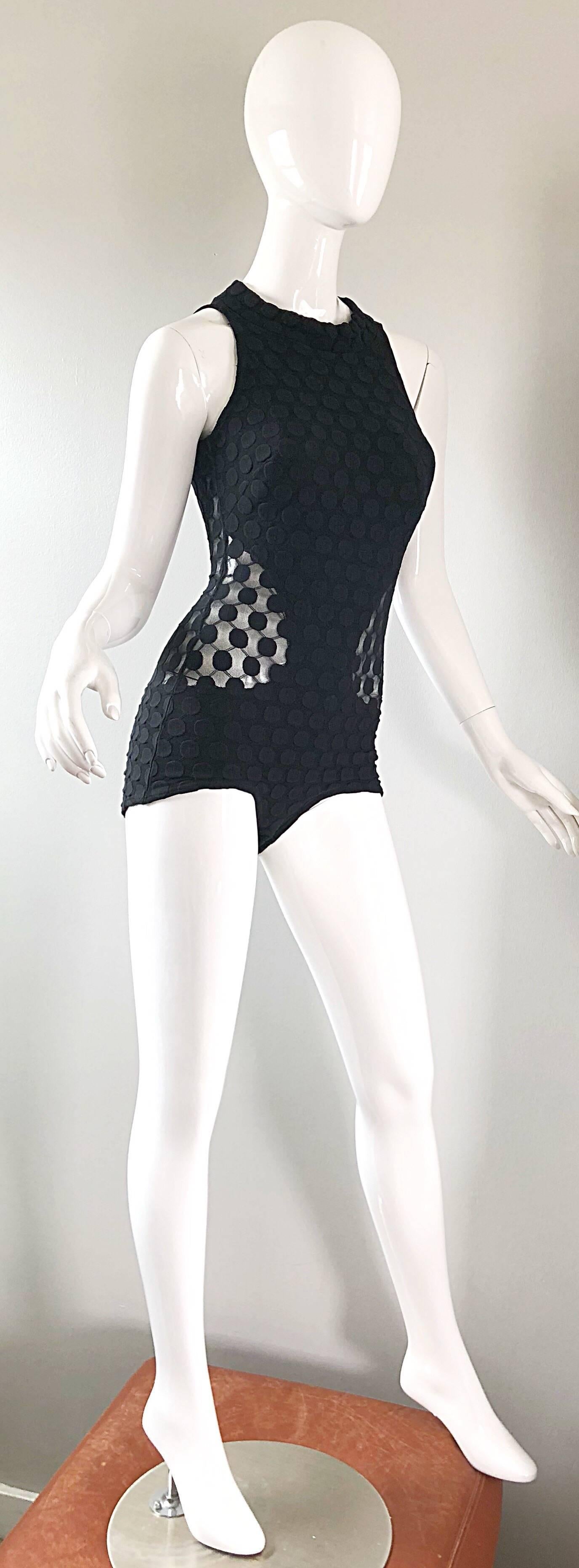1960s Gottex Black Sheer Cut - Out Sexy One Piece 60s Vintage Swimsuit Bodysuit For Sale 3