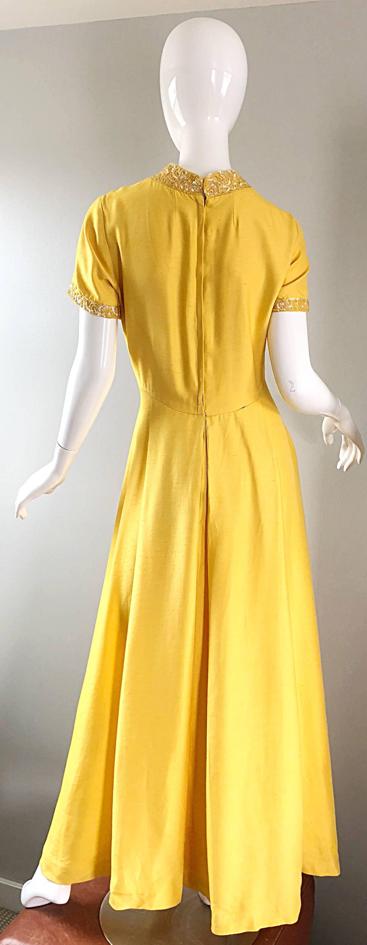 Women's Beautiful 1970s Does 1940s Size 10 12 Canary Yellow Silk Sequin Maxi Dress Gown