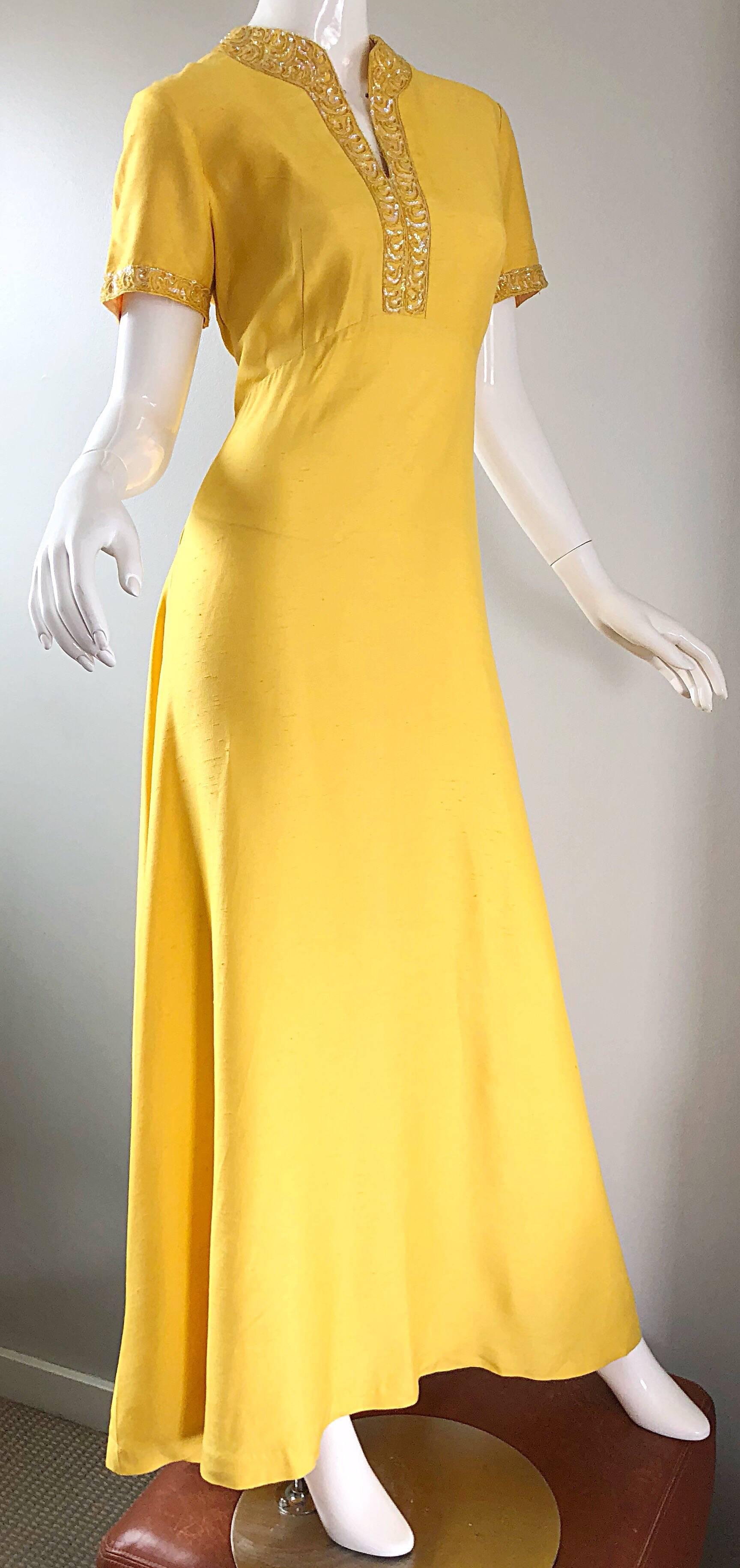 Beautiful 1970s Does 1940s Size 10 12 Canary Yellow Silk Sequin Maxi Dress Gown 1