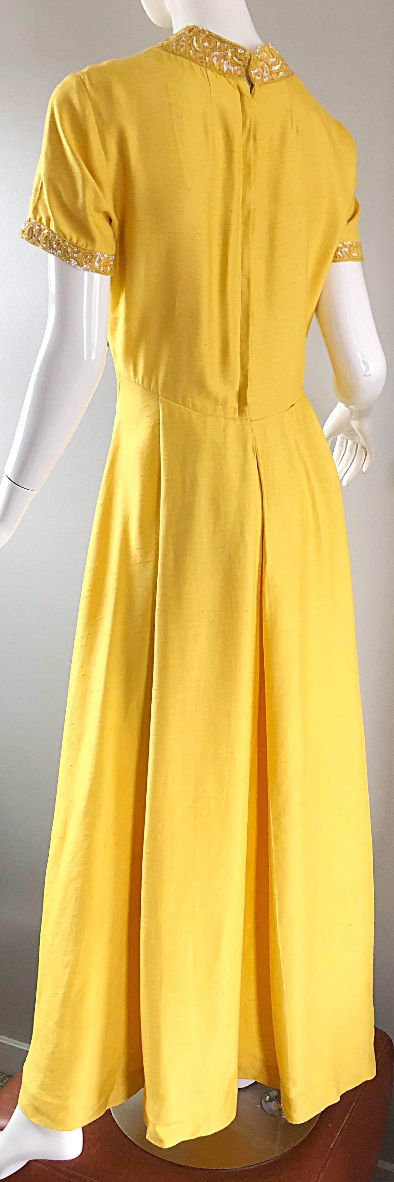 Beautiful 1970s Does 1940s Size 10 12 Canary Yellow Silk Sequin Maxi Dress Gown 2