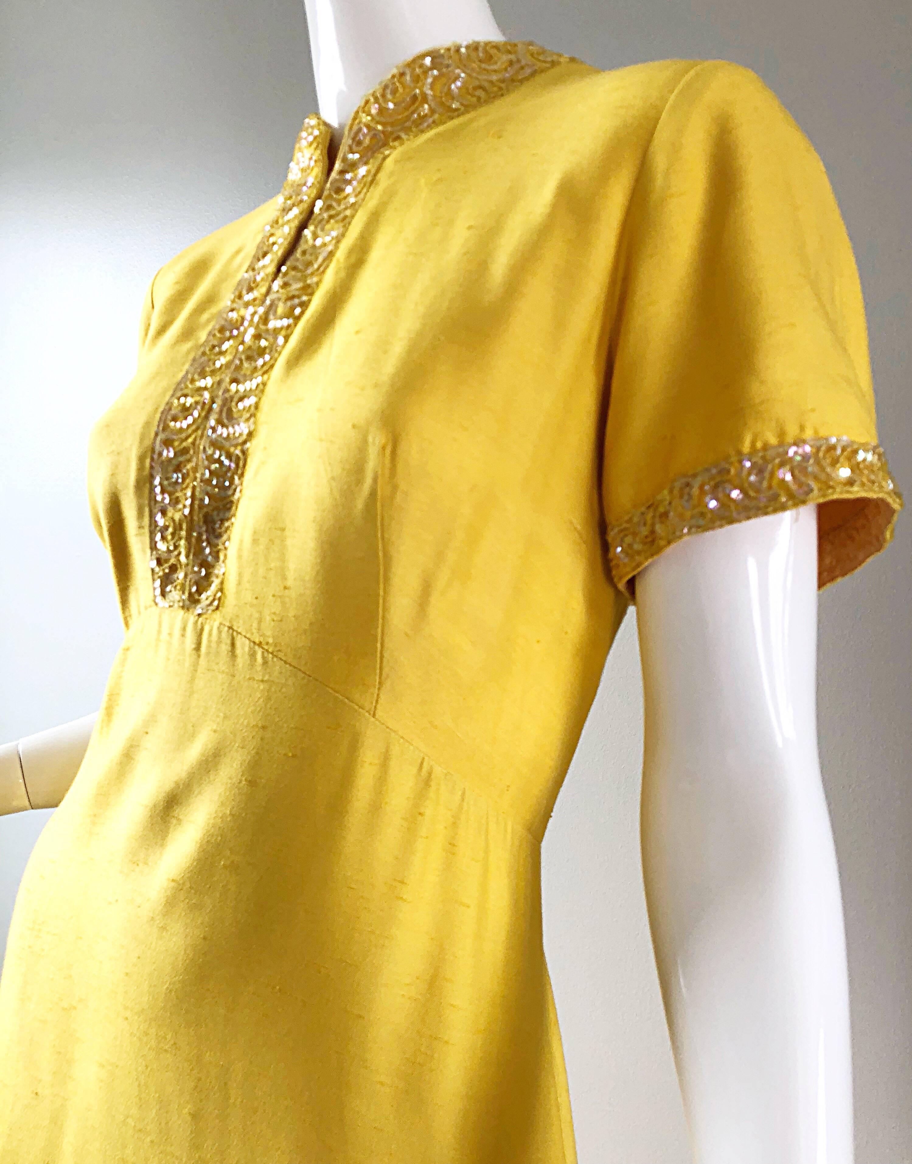 Beautiful 1970s Does 1940s Size 10 12 Canary Yellow Silk Sequin Maxi Dress Gown 3