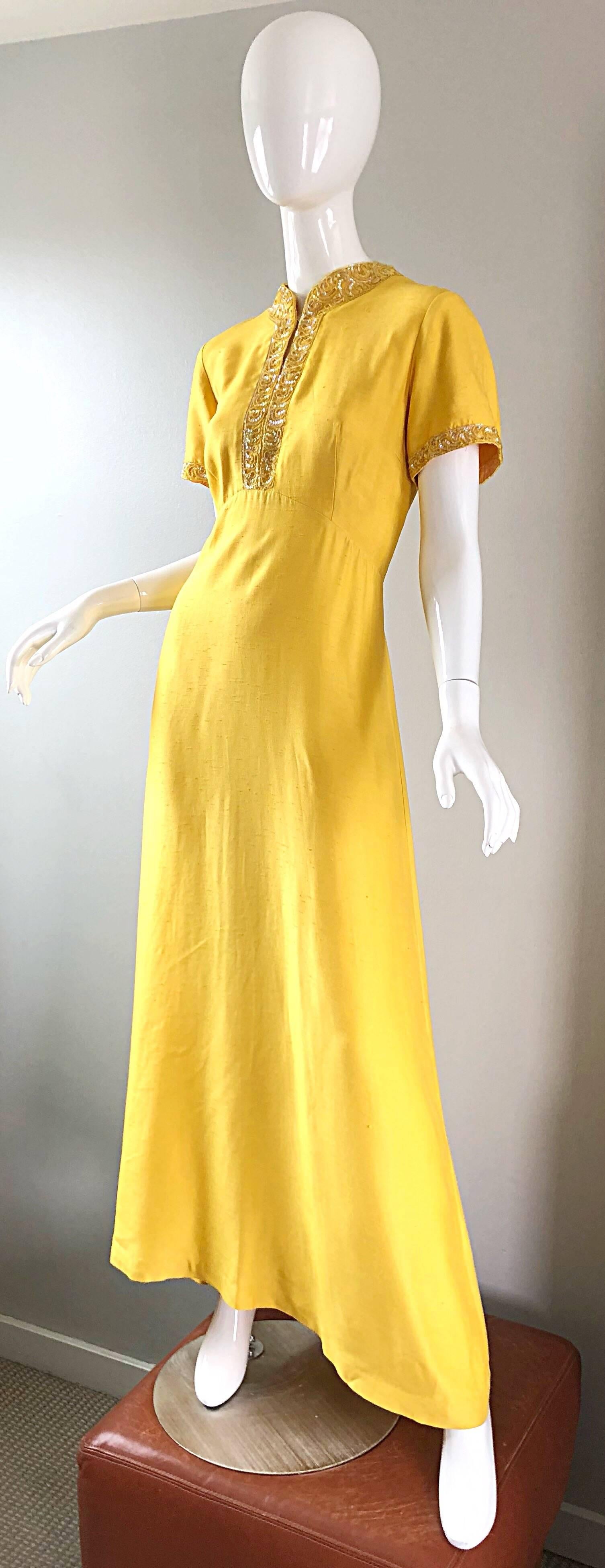 Beautiful 1970s Does 1940s Size 10 12 Canary Yellow Silk Sequin Maxi Dress Gown 4