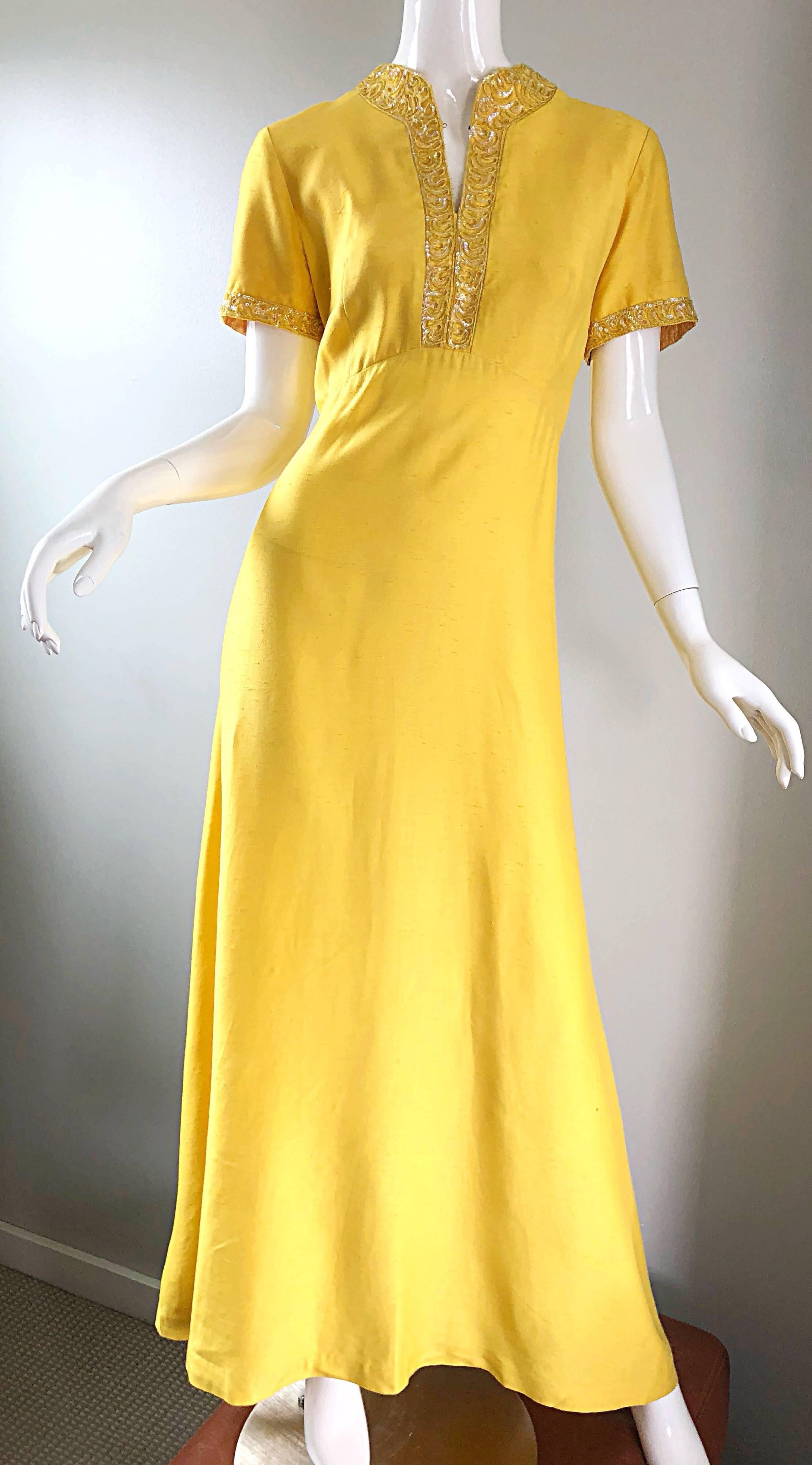 Beautiful 1970s Does 1940s Size 10 12 Canary Yellow Silk Sequin Maxi Dress Gown 5