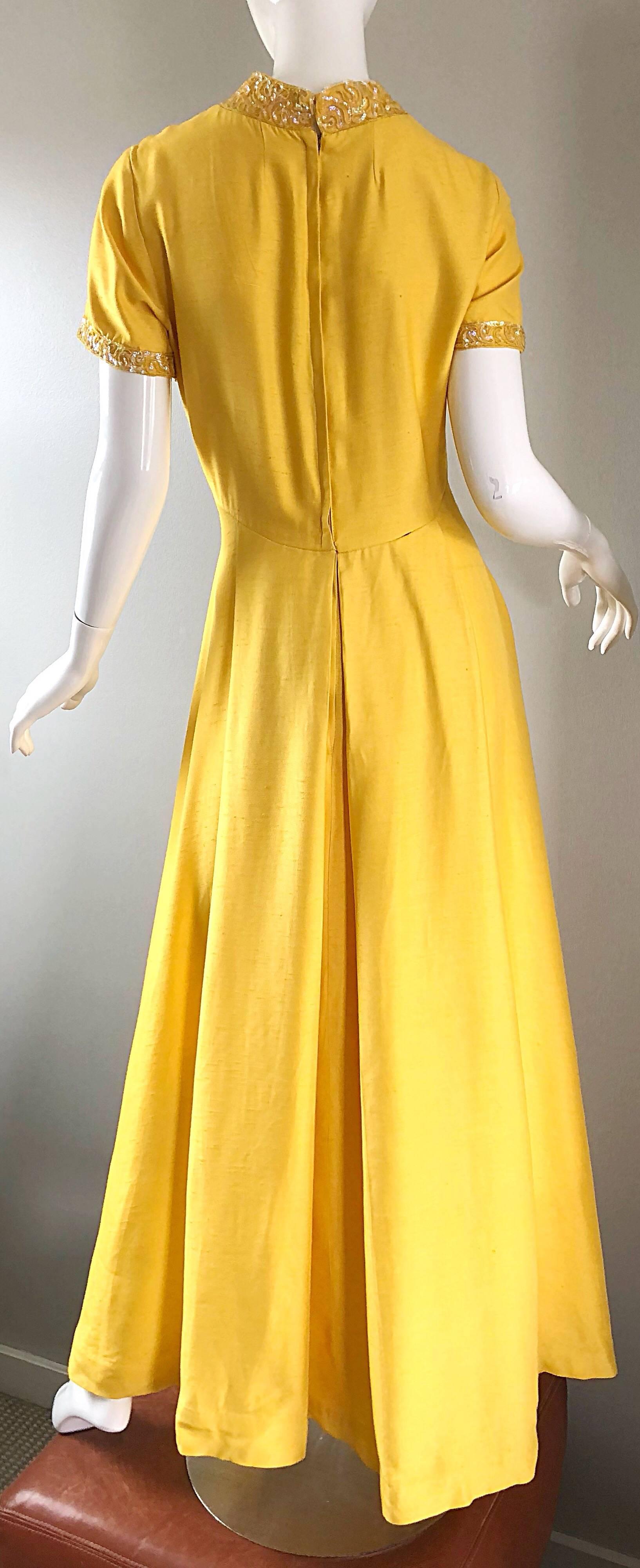 Beautiful 1970s Does 1940s Size 10 12 Canary Yellow Silk Sequin Maxi Dress Gown 6