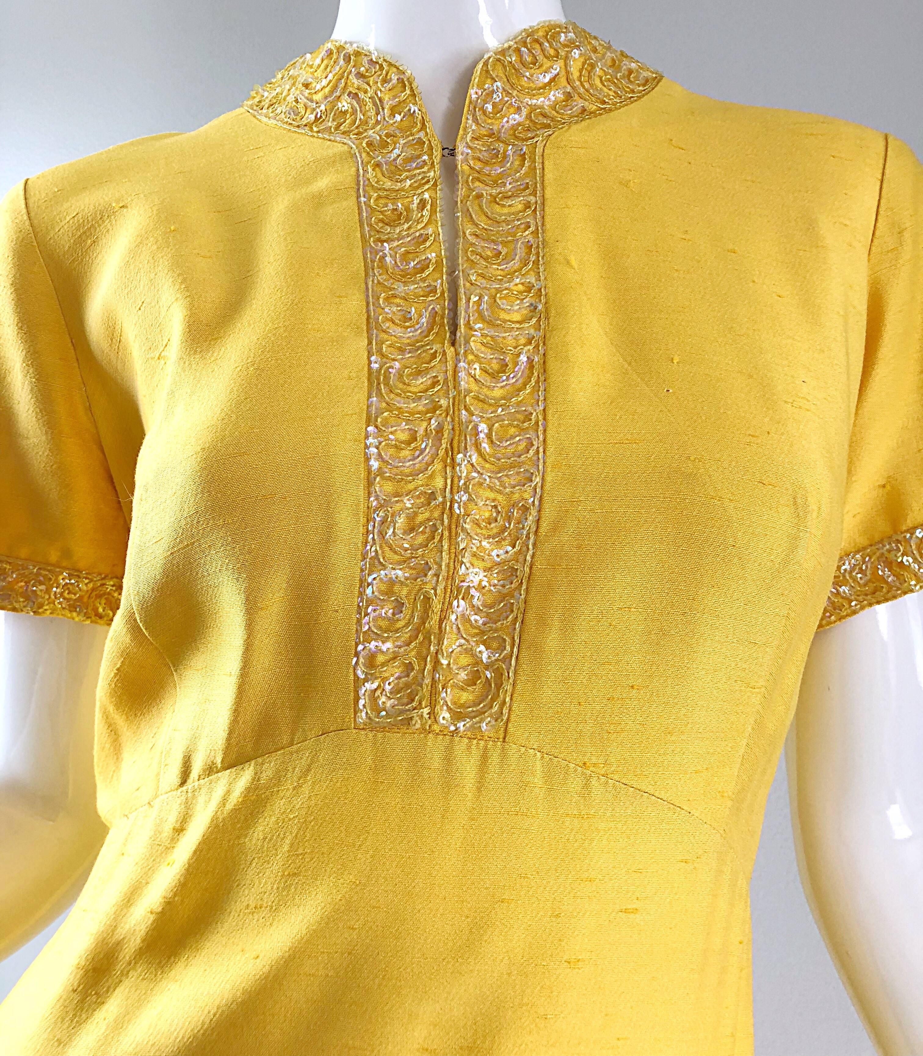 Beautiful 1970s Does 1940s Size 10 12 Canary Yellow Silk Sequin Maxi Dress Gown 8