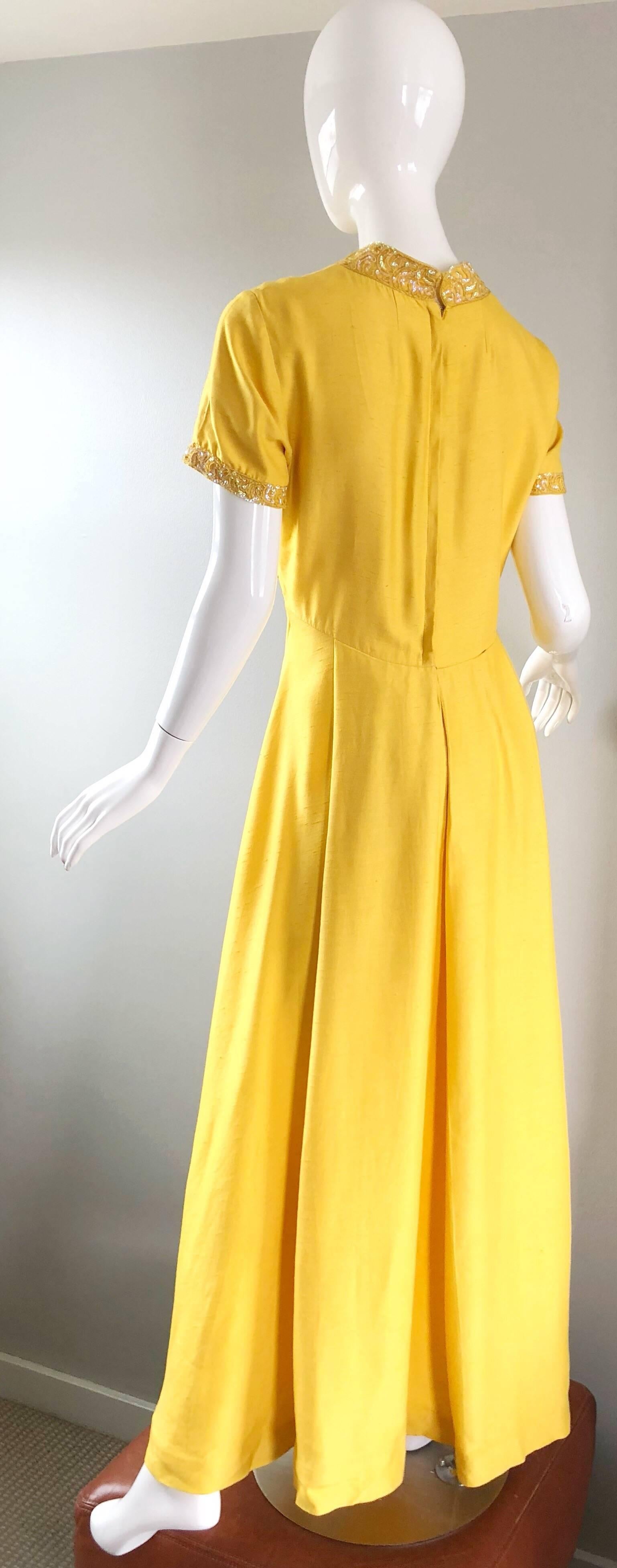 Beautiful 1970s Does 1940s Size 10 12 Canary Yellow Silk Sequin Maxi Dress Gown 9
