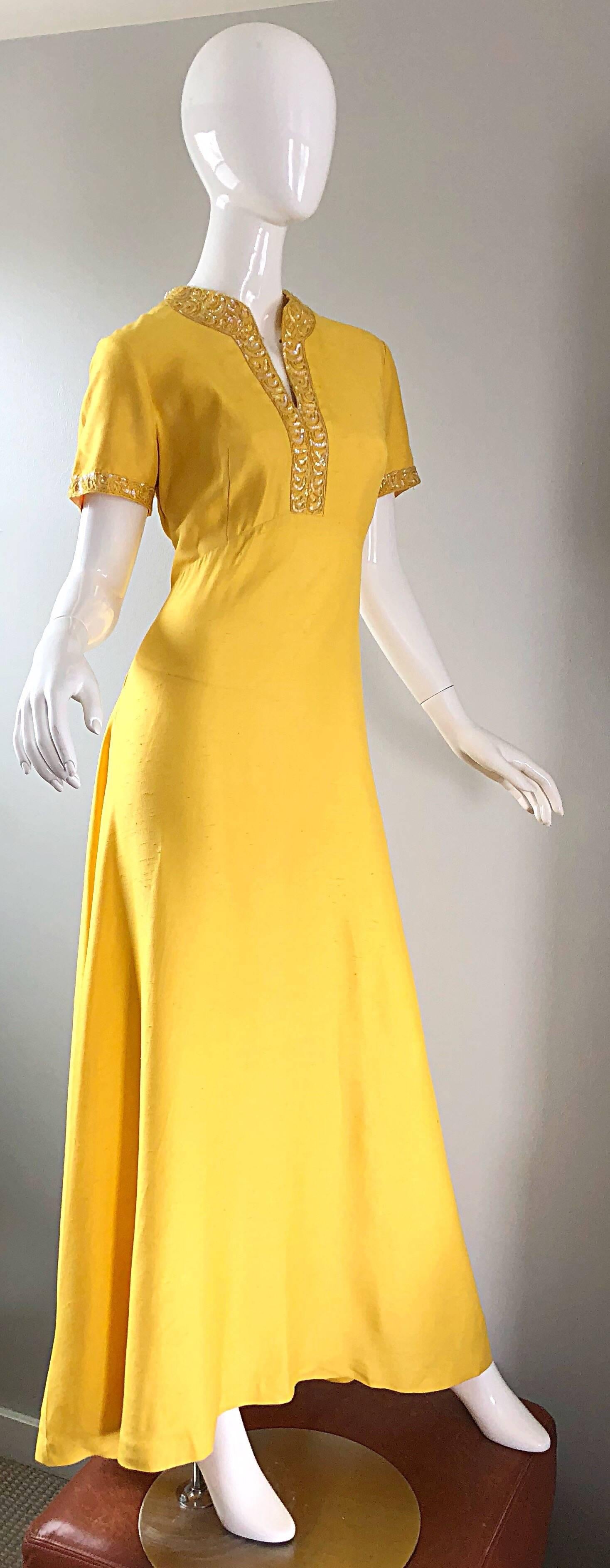 Beautiful 1970s Does 1940s Size 10 12 Canary Yellow Silk Sequin Maxi Dress Gown 10