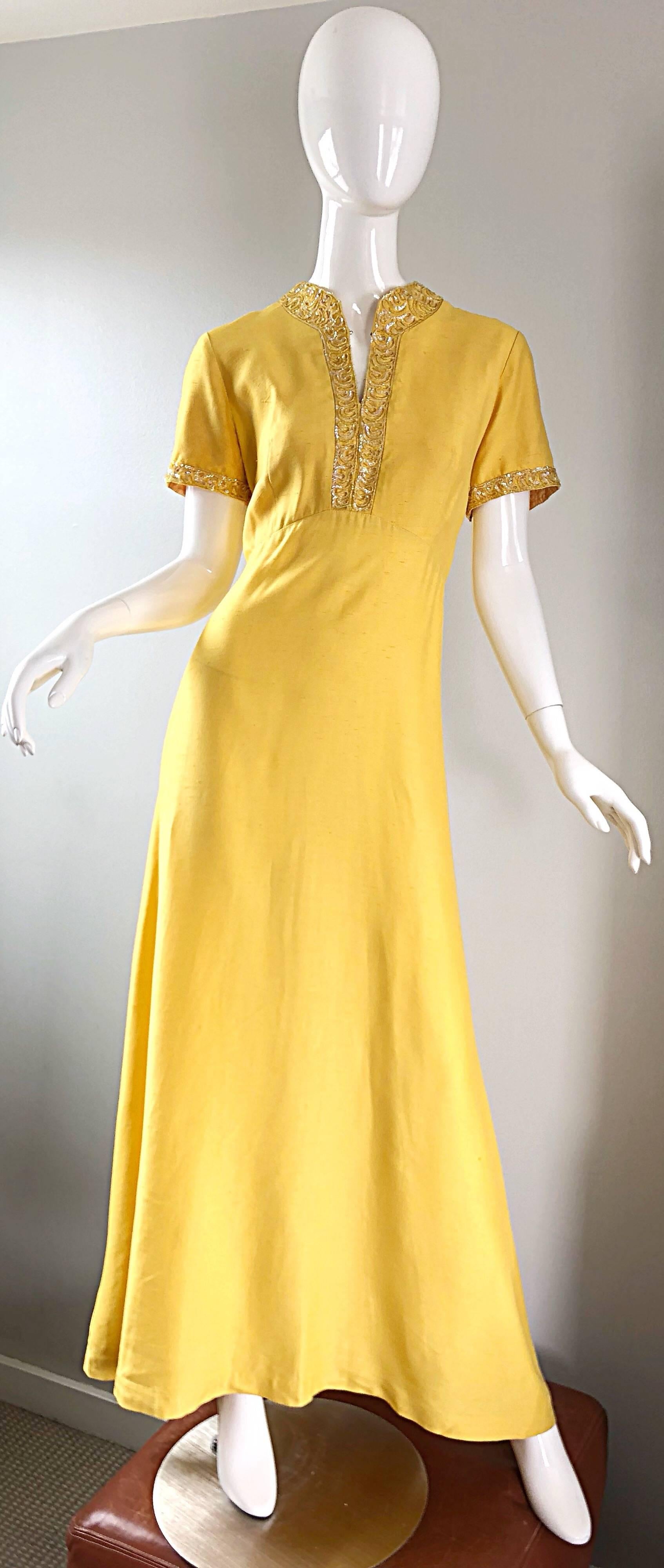 Beautiful 1970s Does 1940s Size 10 12 Canary Yellow Silk Sequin Maxi Dress Gown 11