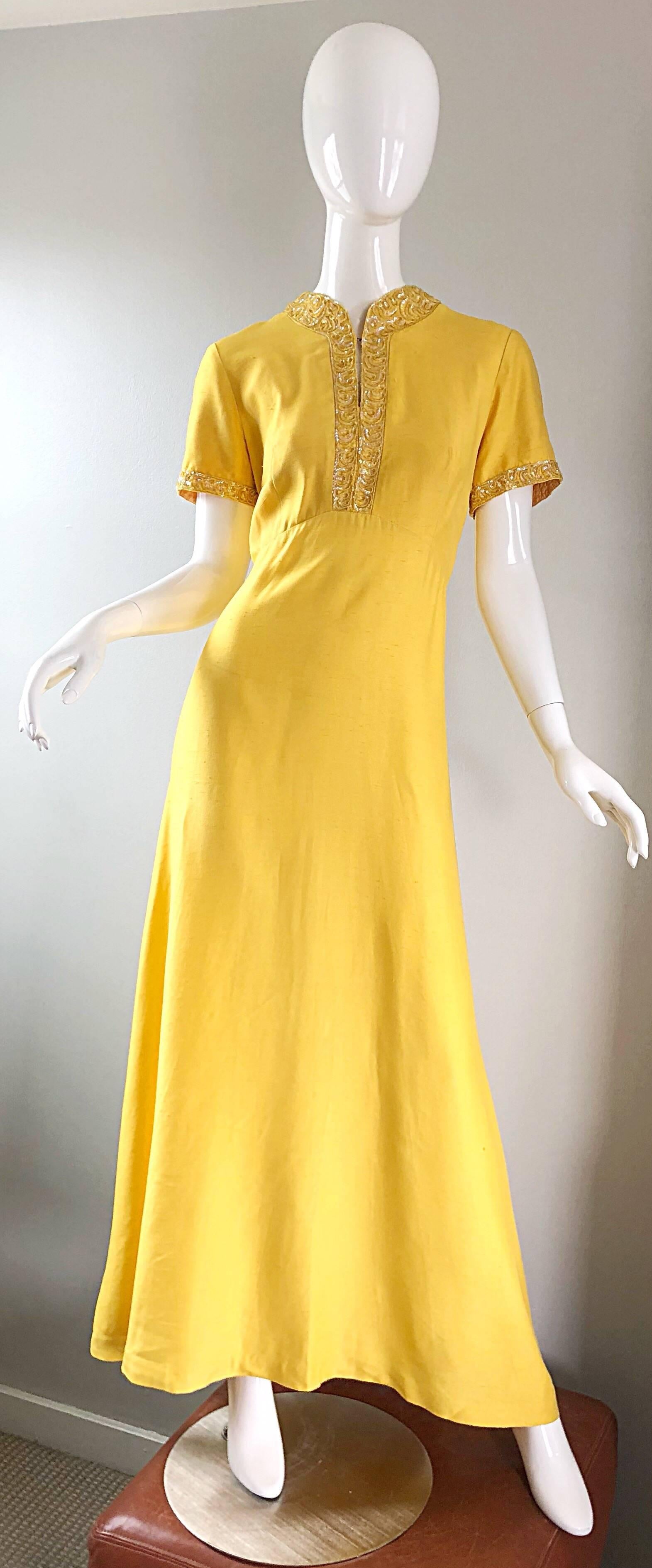 Beautiful 1970s Does 1940s Size 10 12 Canary Yellow Silk Sequin Maxi Dress Gown 12