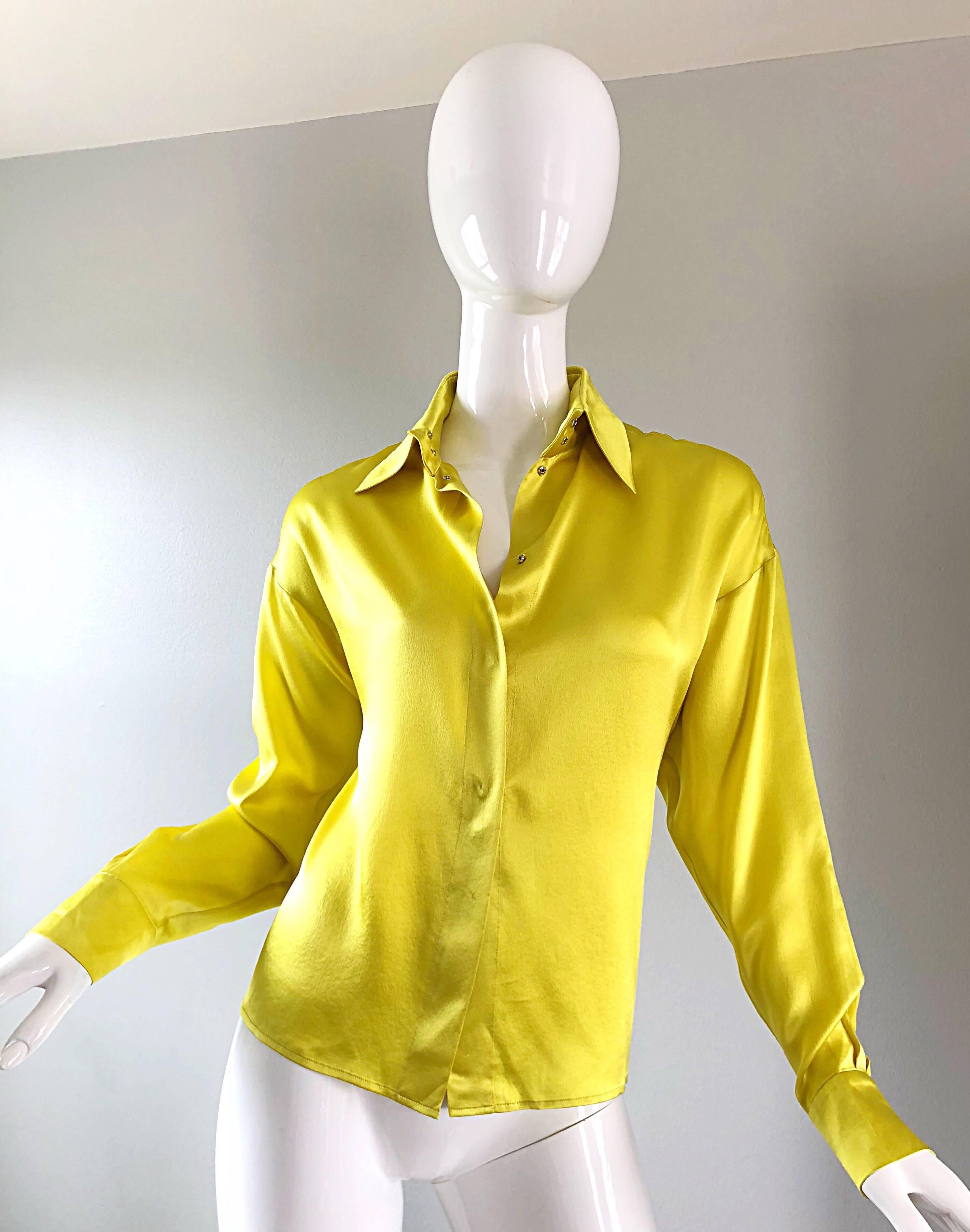 Chic late 90s YVES SAINT LAURENT YSL 'Rive Gauche' chartreuse long sleeve silk top! Vibrant chartreuse color that is not quite green, yet not quite yellow. Smart tailored fit. Buttons up the front bodice and at each sleeve cuff. Luxurious soft