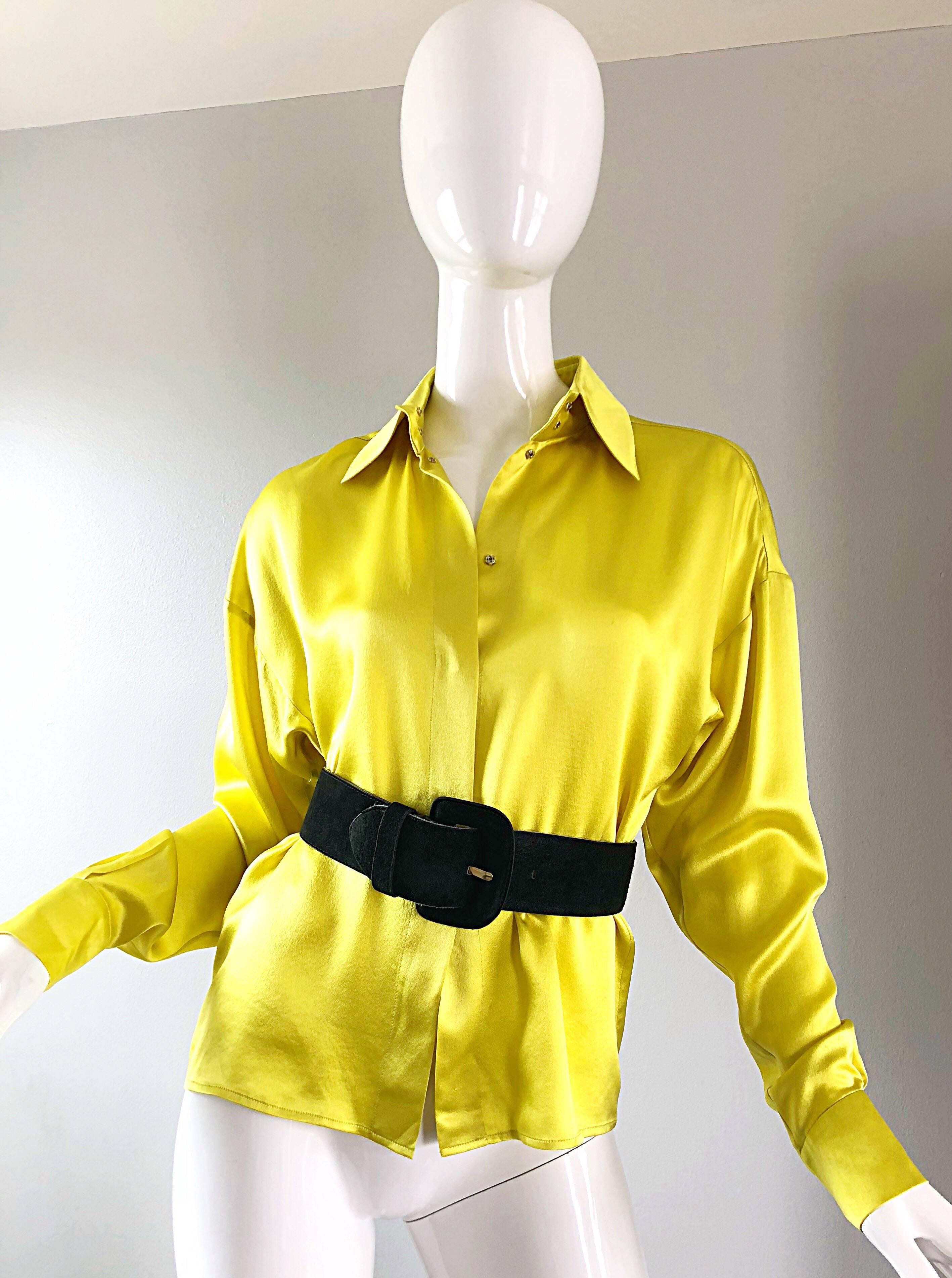 Brown Vintage Yves Saint Laurent 1990s Chartreuse Long Sleeve Liquid Silk Blouse YSL For Sale