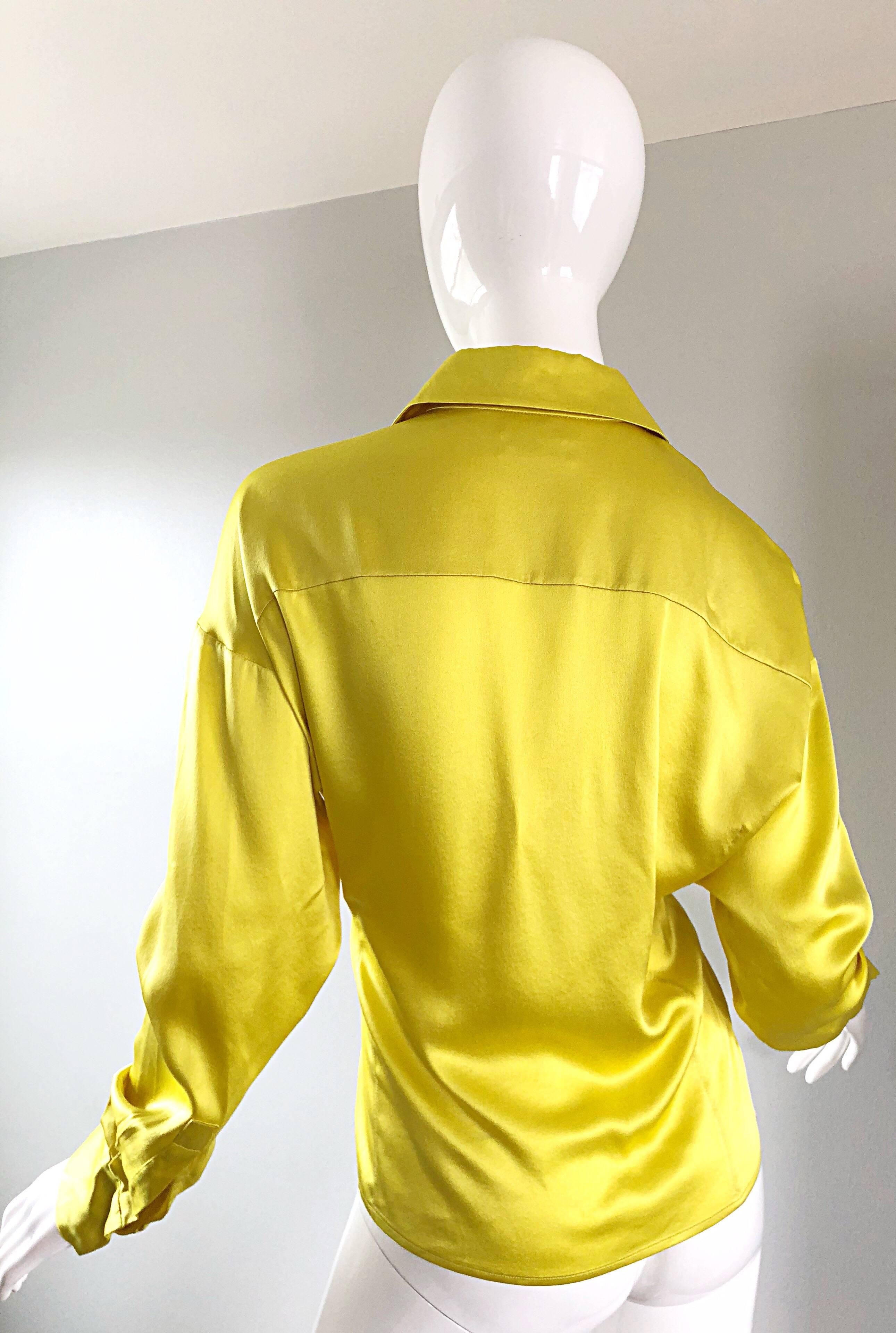 Vintage Yves Saint Laurent 1990s Chartreuse Long Sleeve Liquid Silk Blouse YSL For Sale 7