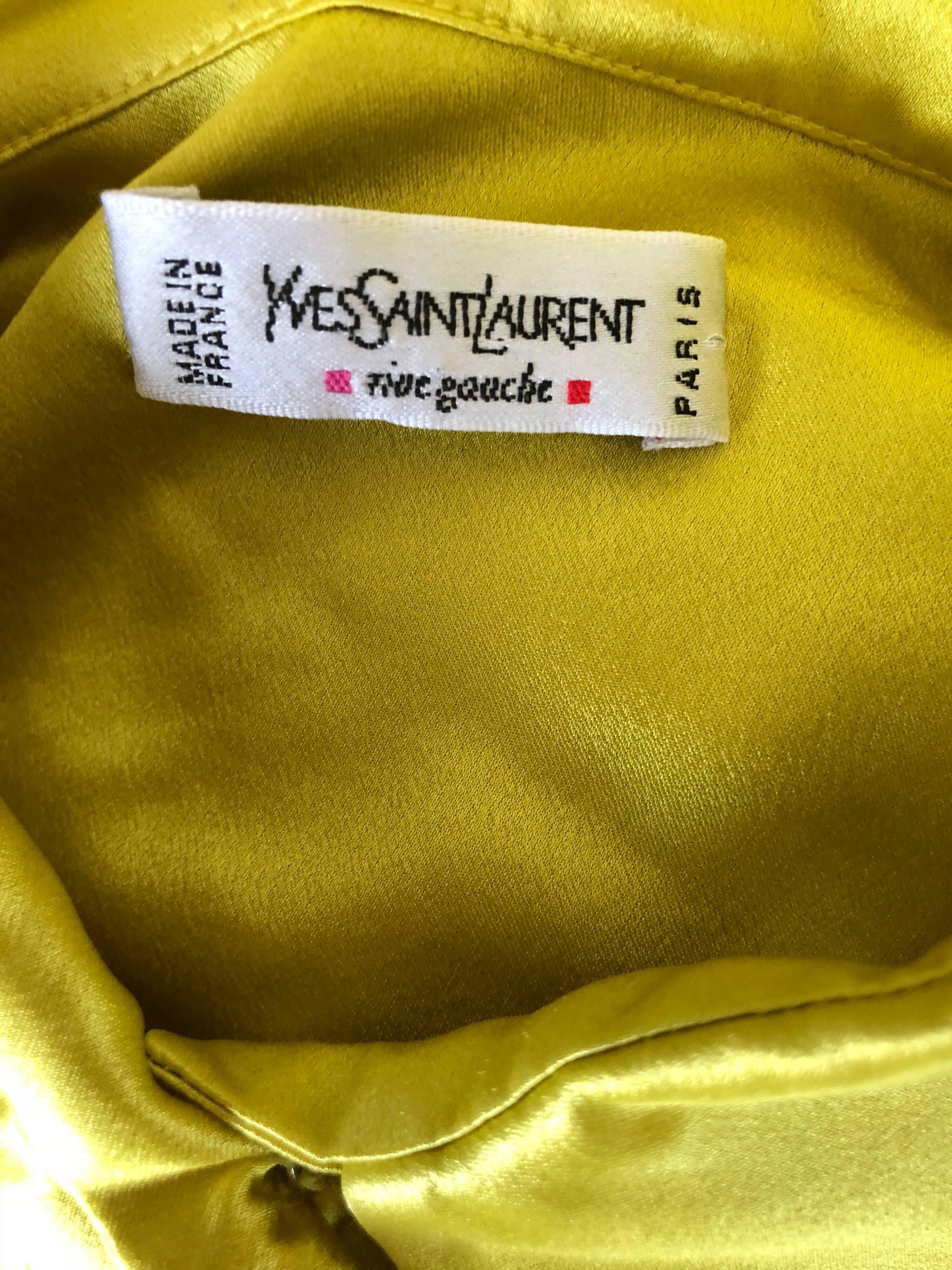 Vintage Yves Saint Laurent 1990s Chartreuse Long Sleeve Liquid Silk Blouse YSL For Sale 11