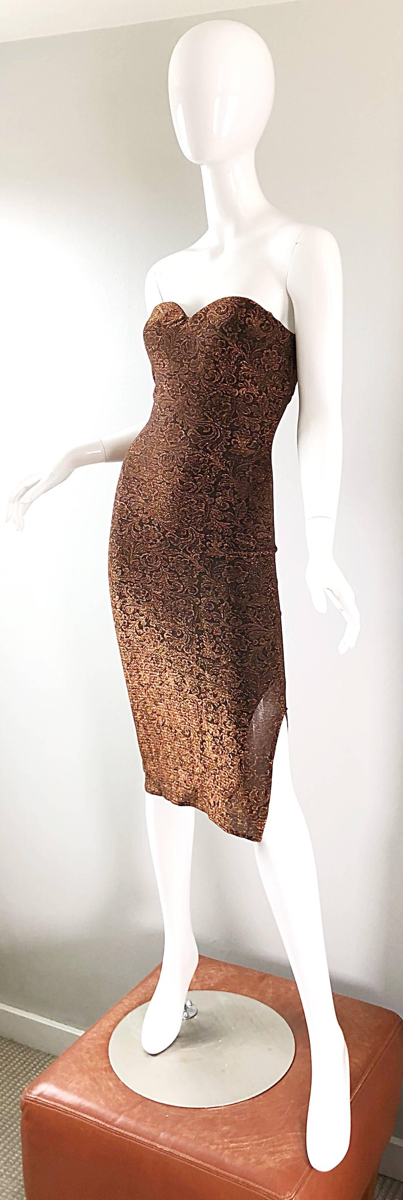 Brown 1990s Eletra Casadei Sexy Metallic Bronze / Gold Bodycon Convertible Strap Dress For Sale