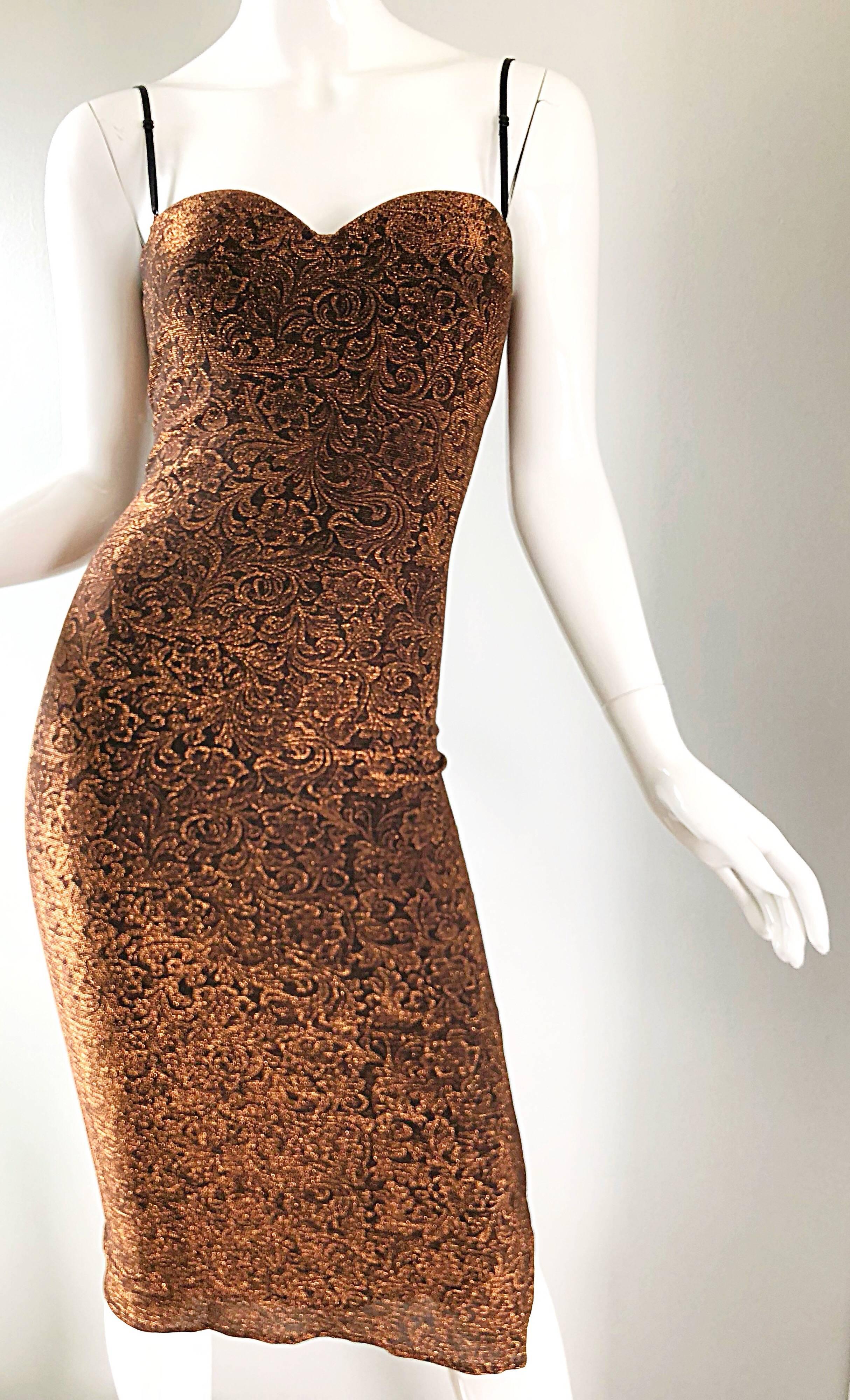 1990s Eletra Casadei Sexy Metallic Bronze / Gold Bodycon Convertible Strap Dress In Excellent Condition For Sale In San Diego, CA