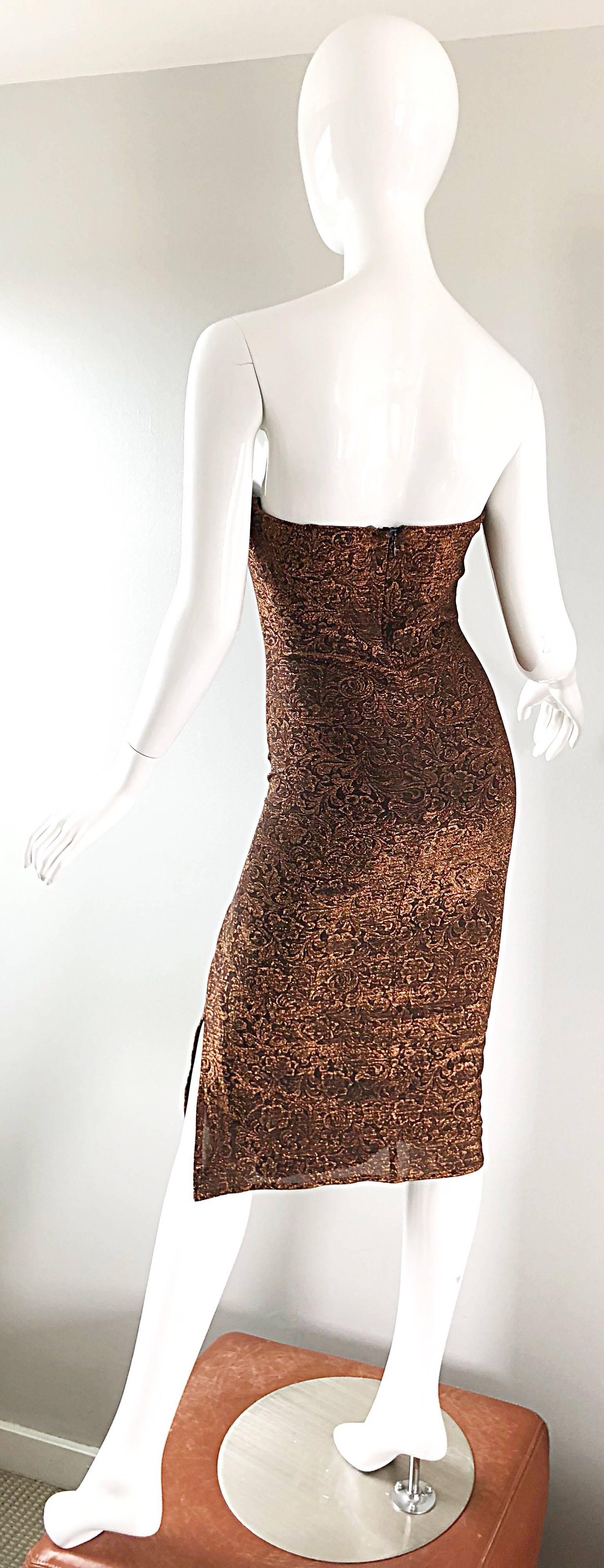 1990er Eletra Casadei Sexy Metallic Bronze / Gold Bodycon Kleid mit Wandelbarem Riemen, 1990er Jahre im Angebot 3