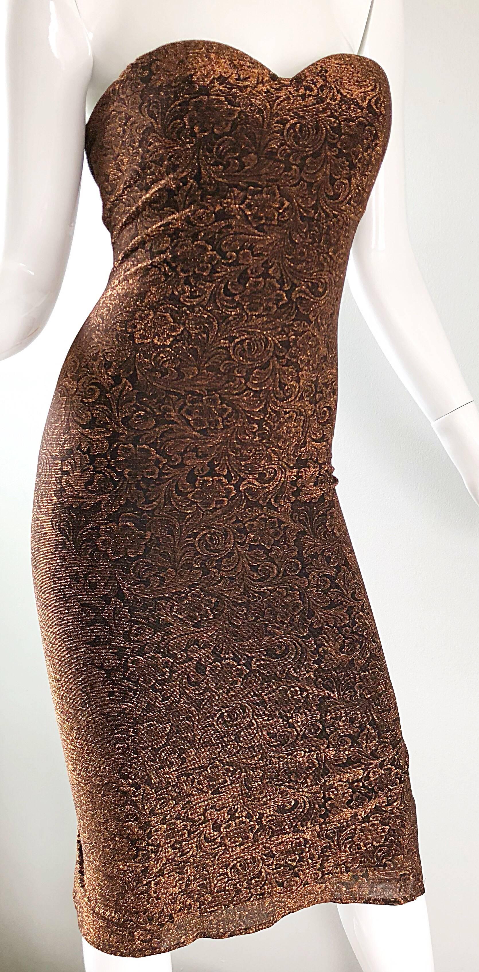 1990s Eletra Casadei Sexy Metallic Bronze / Gold Bodycon Convertible Strap Dress For Sale 1