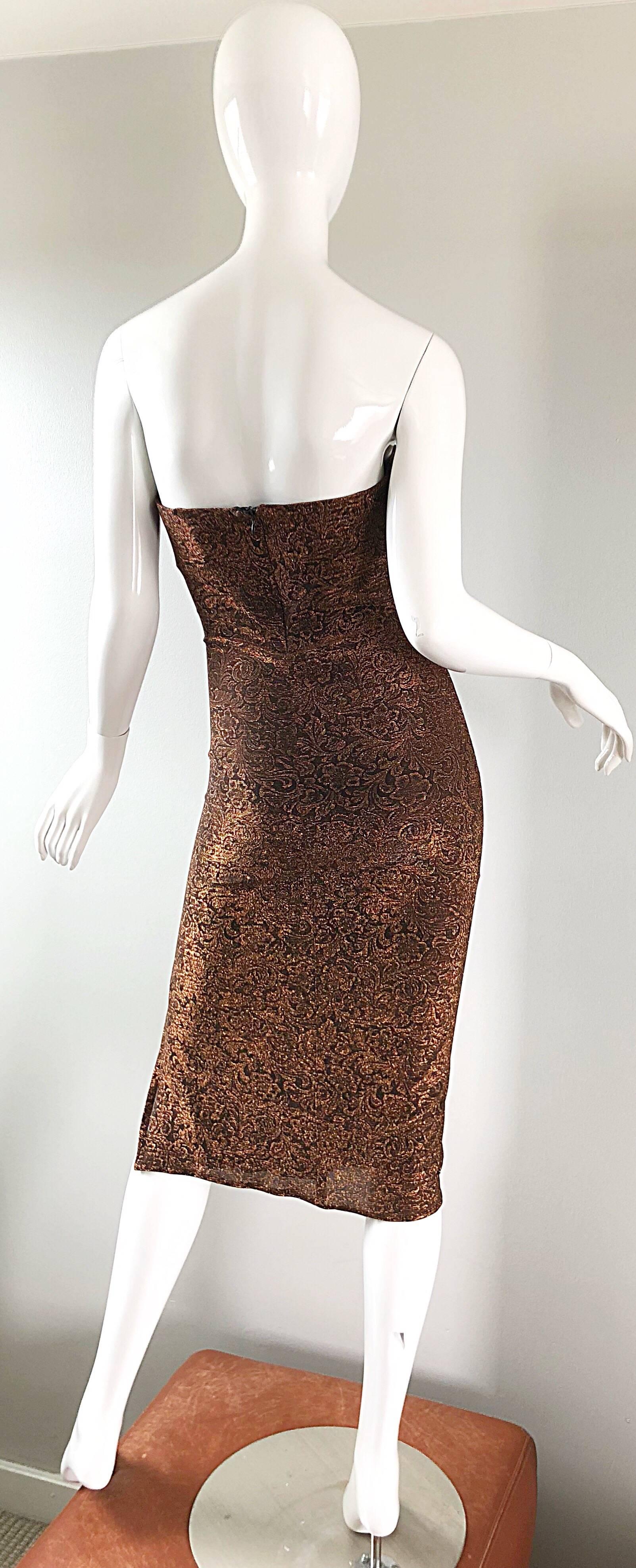 1990er Eletra Casadei Sexy Metallic Bronze / Gold Bodycon Kleid mit Wandelbarem Riemen, 1990er Jahre im Angebot 5