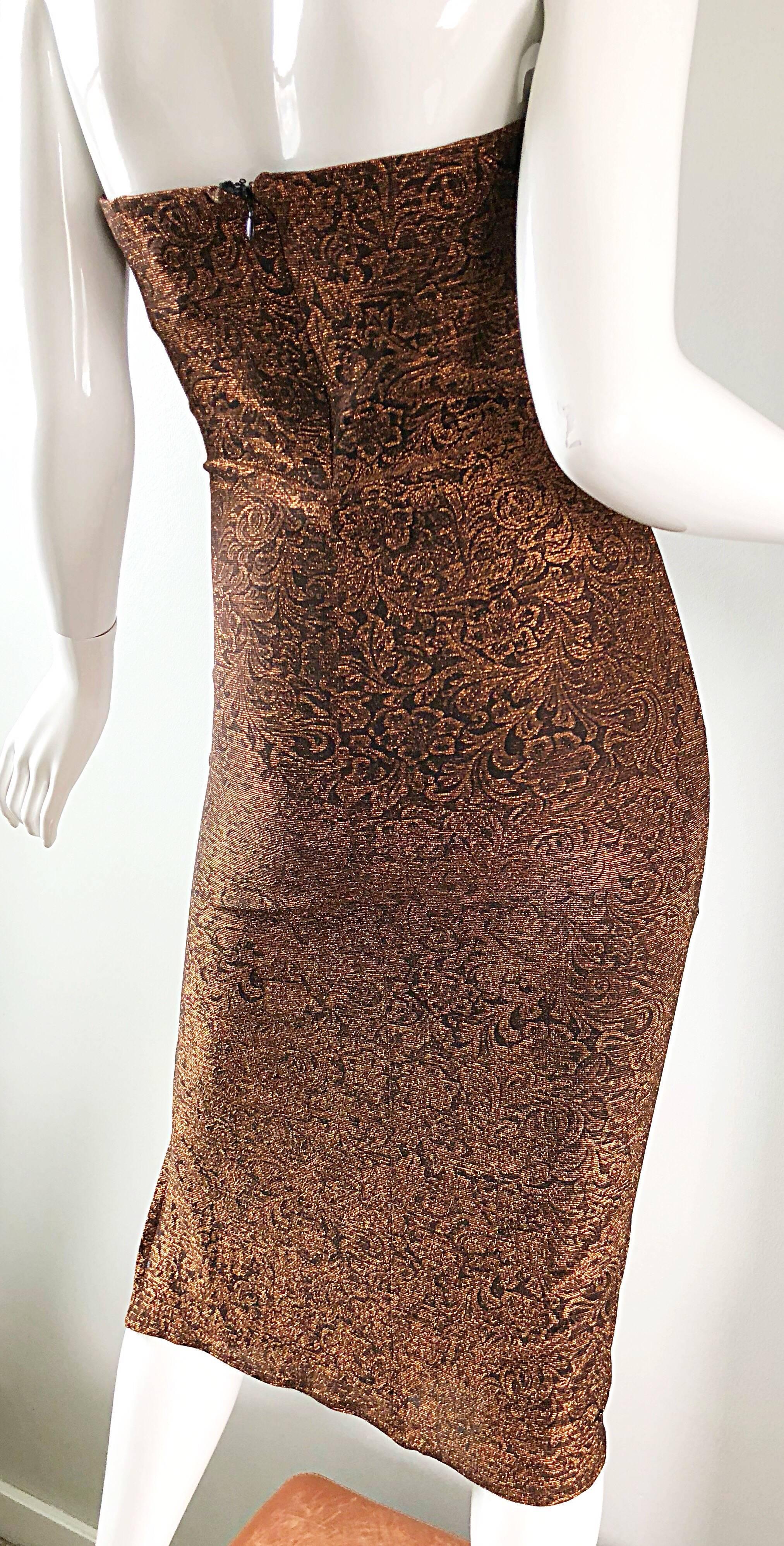 1990er Eletra Casadei Sexy Metallic Bronze / Gold Bodycon Kleid mit Wandelbarem Riemen, 1990er Jahre im Angebot 6