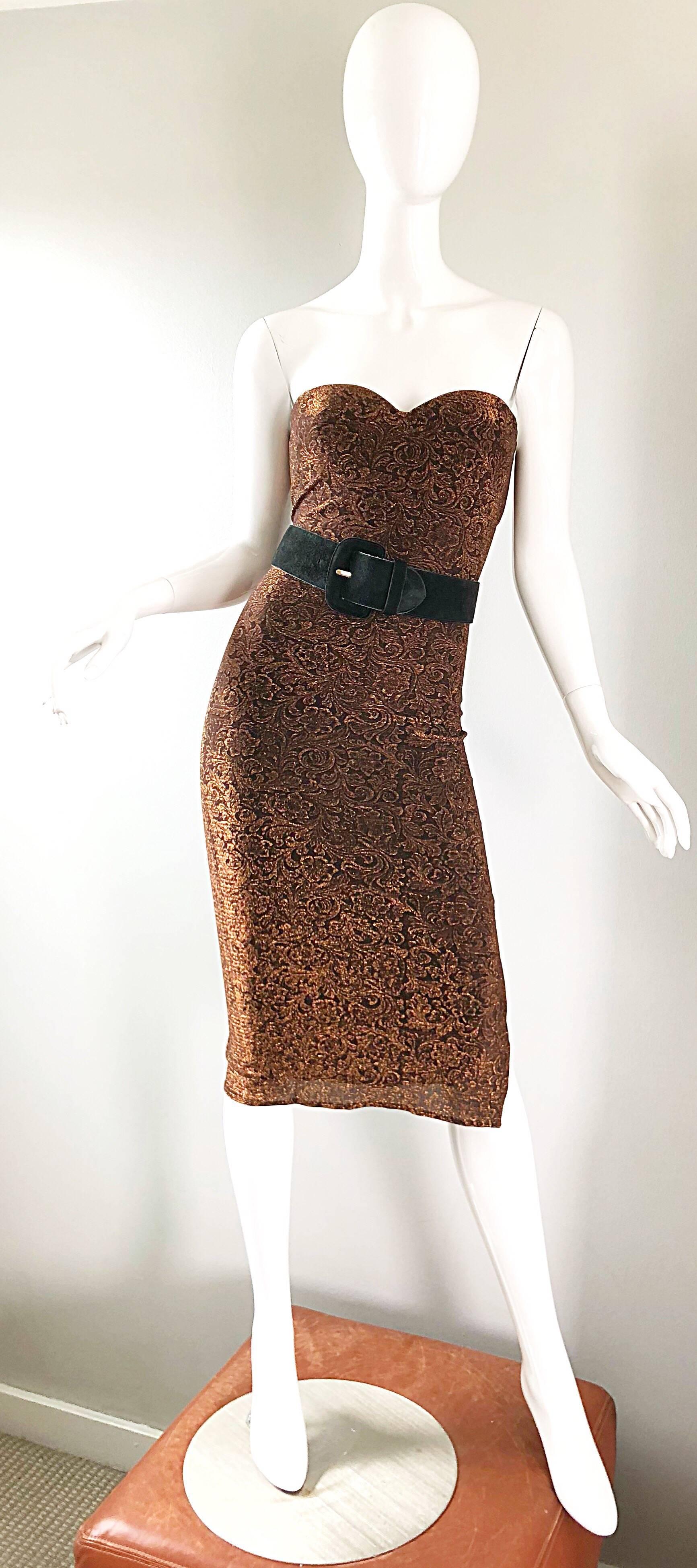 1990er Eletra Casadei Sexy Metallic Bronze / Gold Bodycon Kleid mit Wandelbarem Riemen, 1990er Jahre im Angebot 7