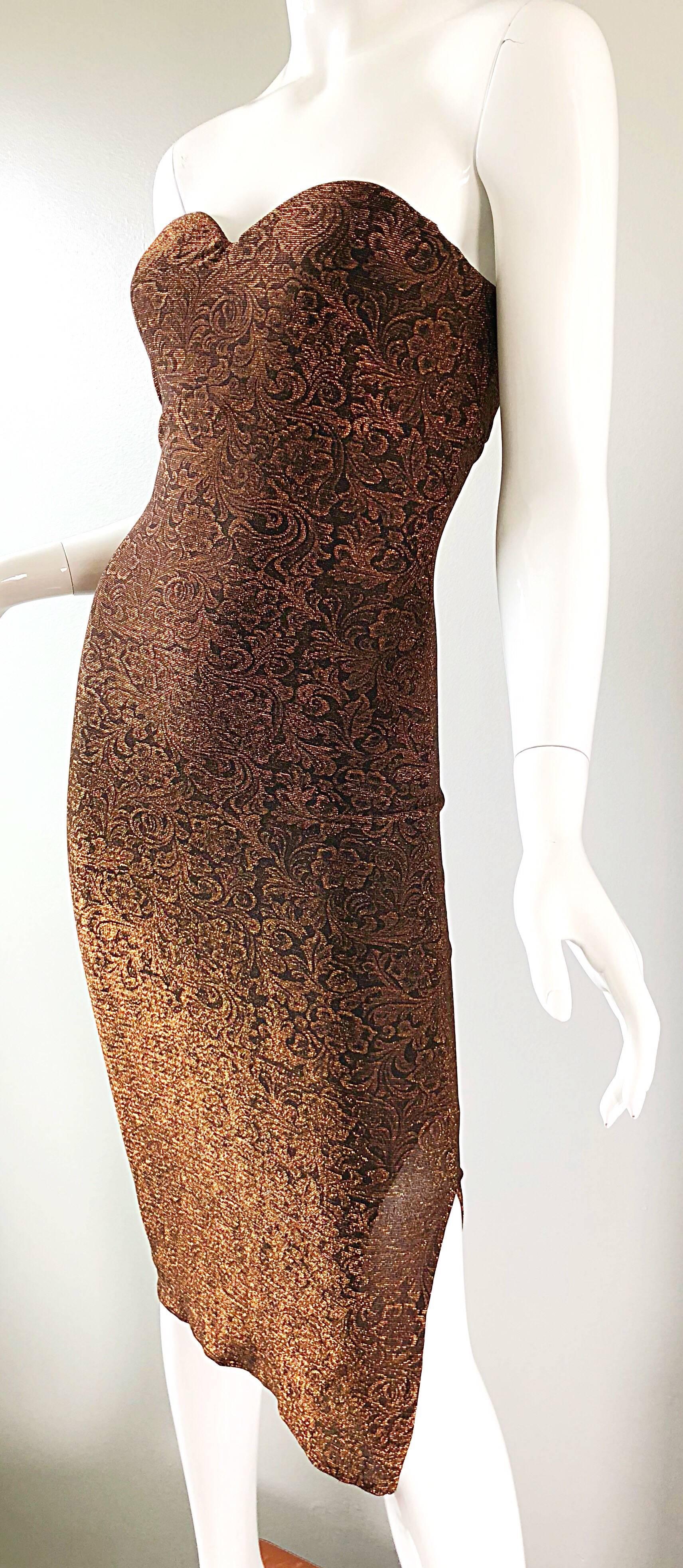 1990s Eletra Casadei Sexy Metallic Bronze / Gold Bodycon Convertible Strap Dress For Sale 5