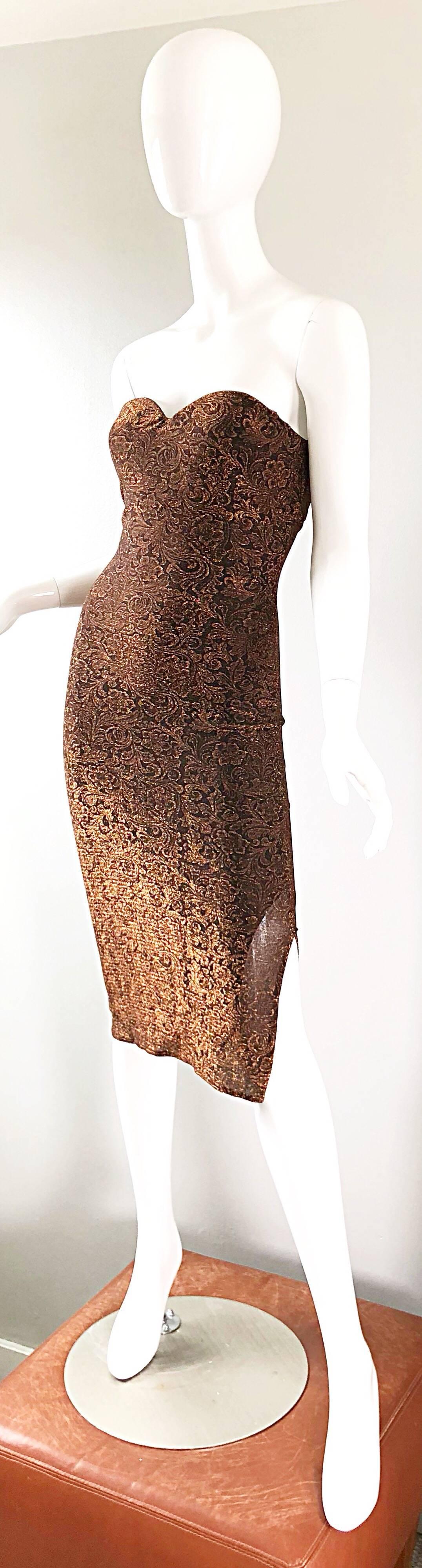 Eletra Casadei - Robe moulante sexy à bretelles convertibles bronze et or métallisé, années 1990 en vente 9