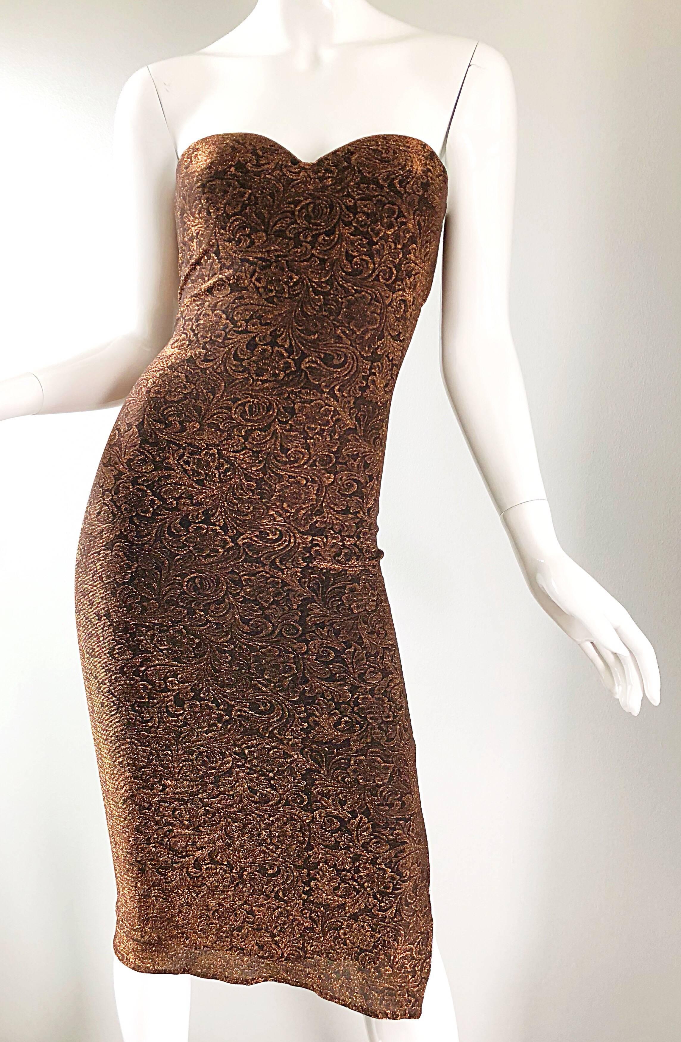 1990s Eletra Casadei Sexy Metallic Bronze / Gold Bodycon Convertible Strap Dress For Sale 7