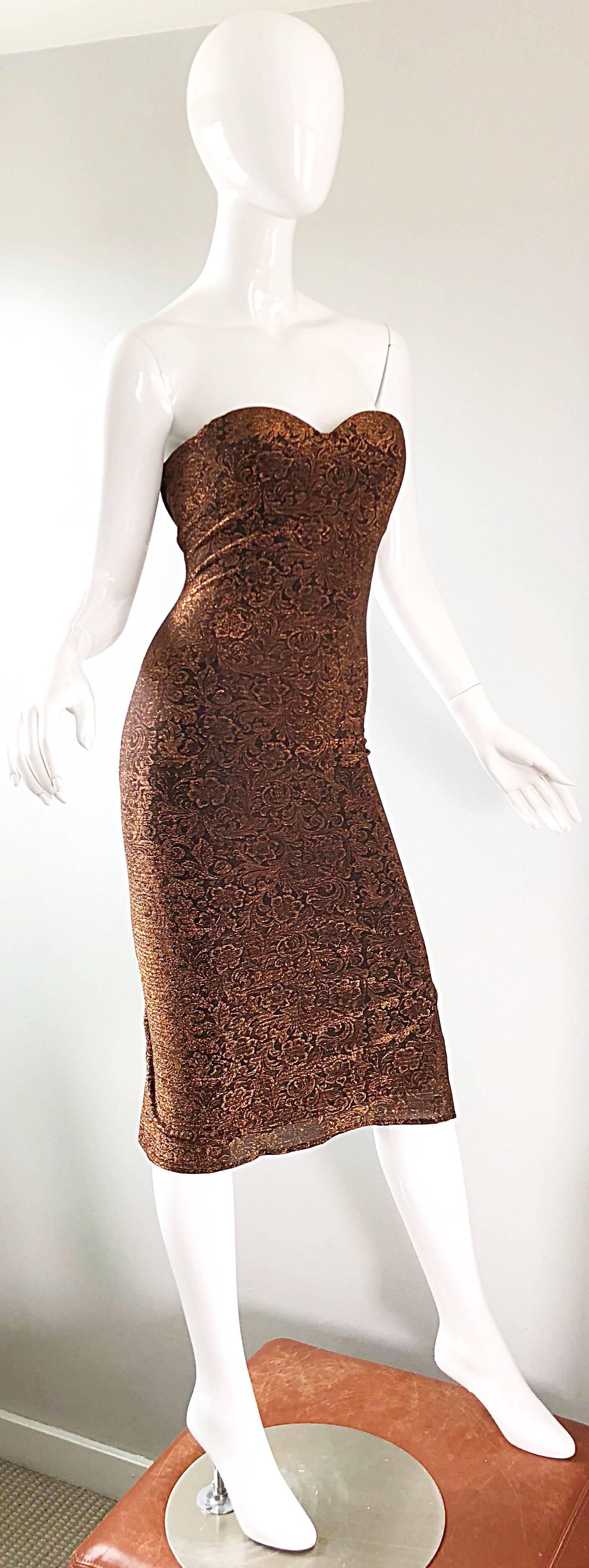 1990s Eletra Casadei Sexy Metallic Bronze / Gold Bodycon Convertible Strap Dress For Sale 8