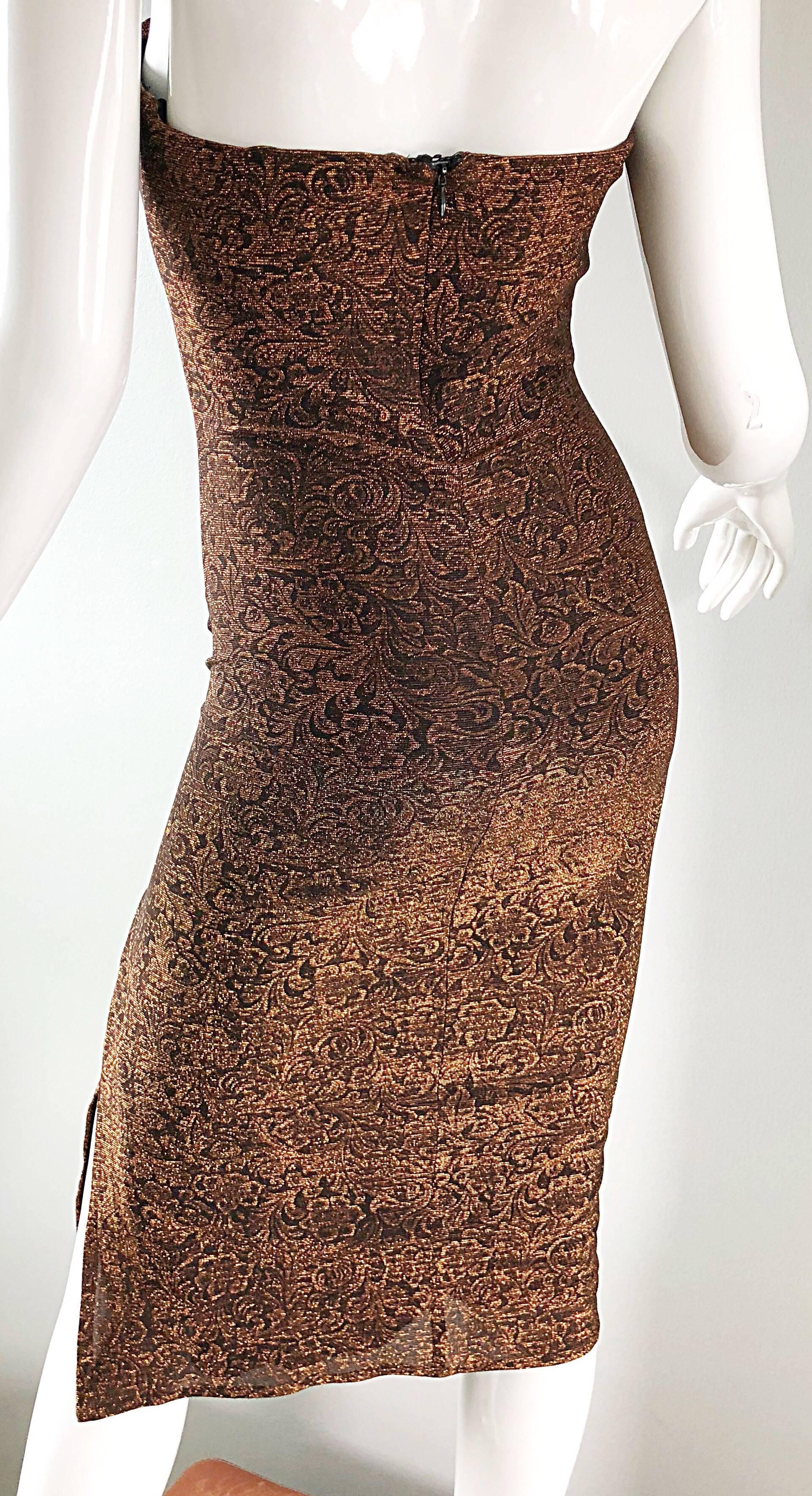 1990s Eletra Casadei Sexy Metallic Bronze / Gold Bodycon Convertible Strap Dress For Sale 10
